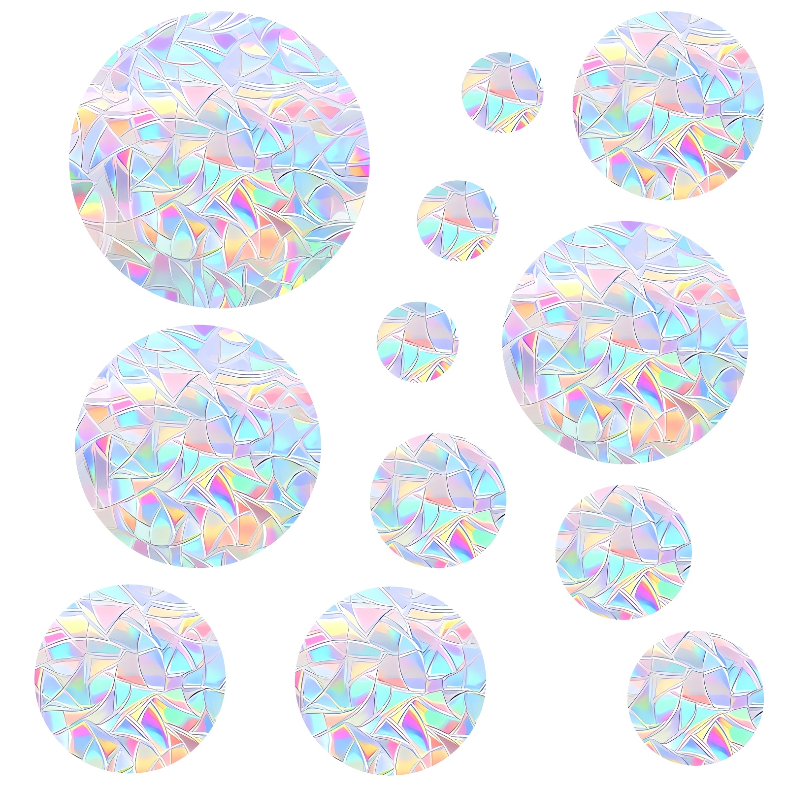 Set Of 12 Circular Window Stickers Designed To Prevent Bird , Made From Non-adhesive Prismatic Vinyl, Featuring Rainbow Designs