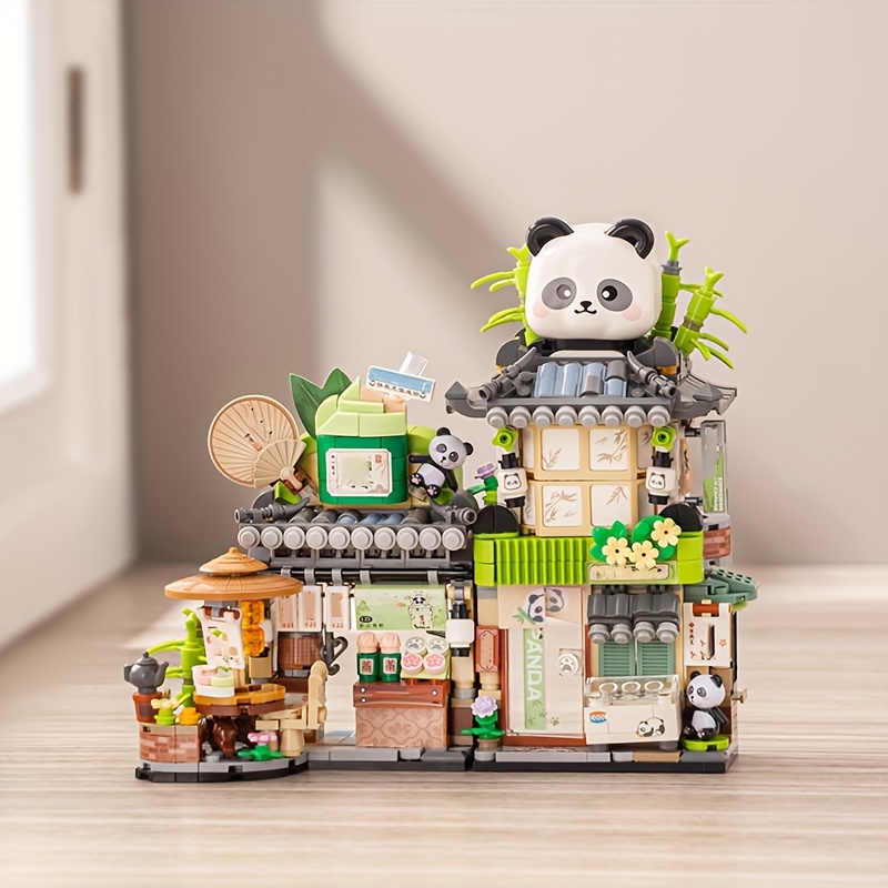 

Building Block Assembly Toy, Panda Tea House Little Bear Coffee Shop Street View House Cottage Assembly Model, Ornament Gift