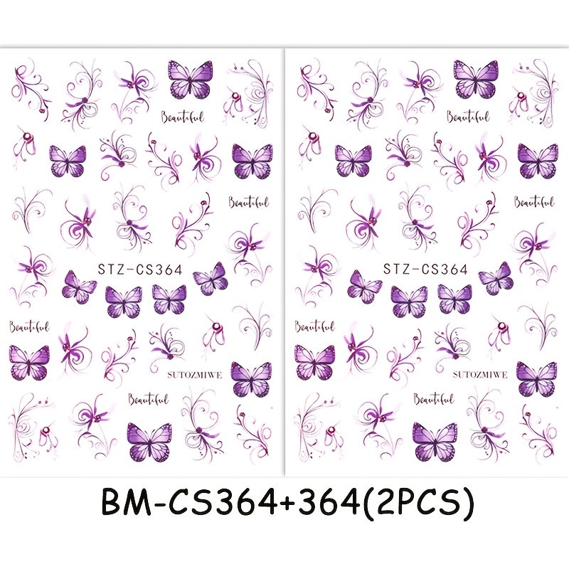 Image of 2 Sheets Of Nail Stickers, Romantic Purple Vine Floral Self-adhesive Disposable Nail Decals, Nail Art Decorations