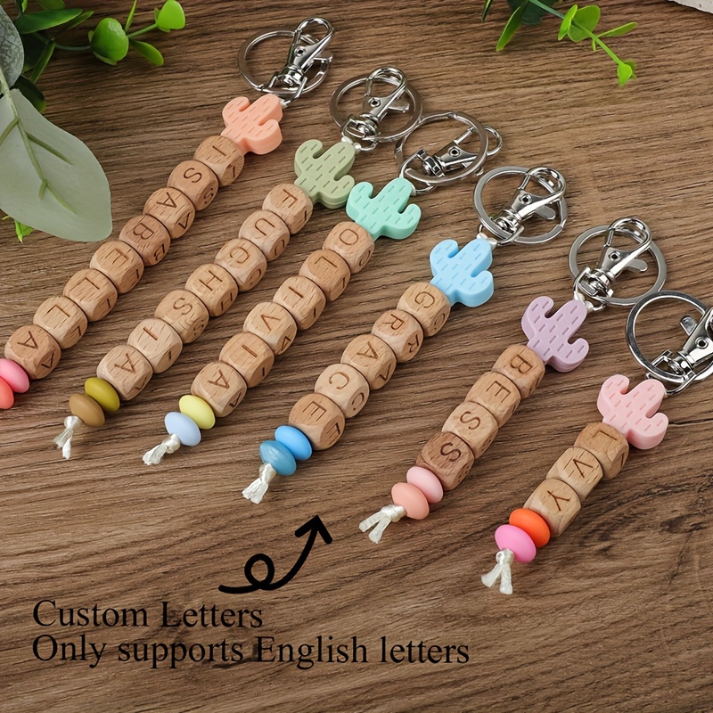 

Custom Name Keychain With Silicone Cactus Bead And Wooden Alphabet Beads - Personalized Letter Keyring With Lobster Clasp, Handmade Plant Theme Charm, Ideal Birthday Gift For Her - Single Piece