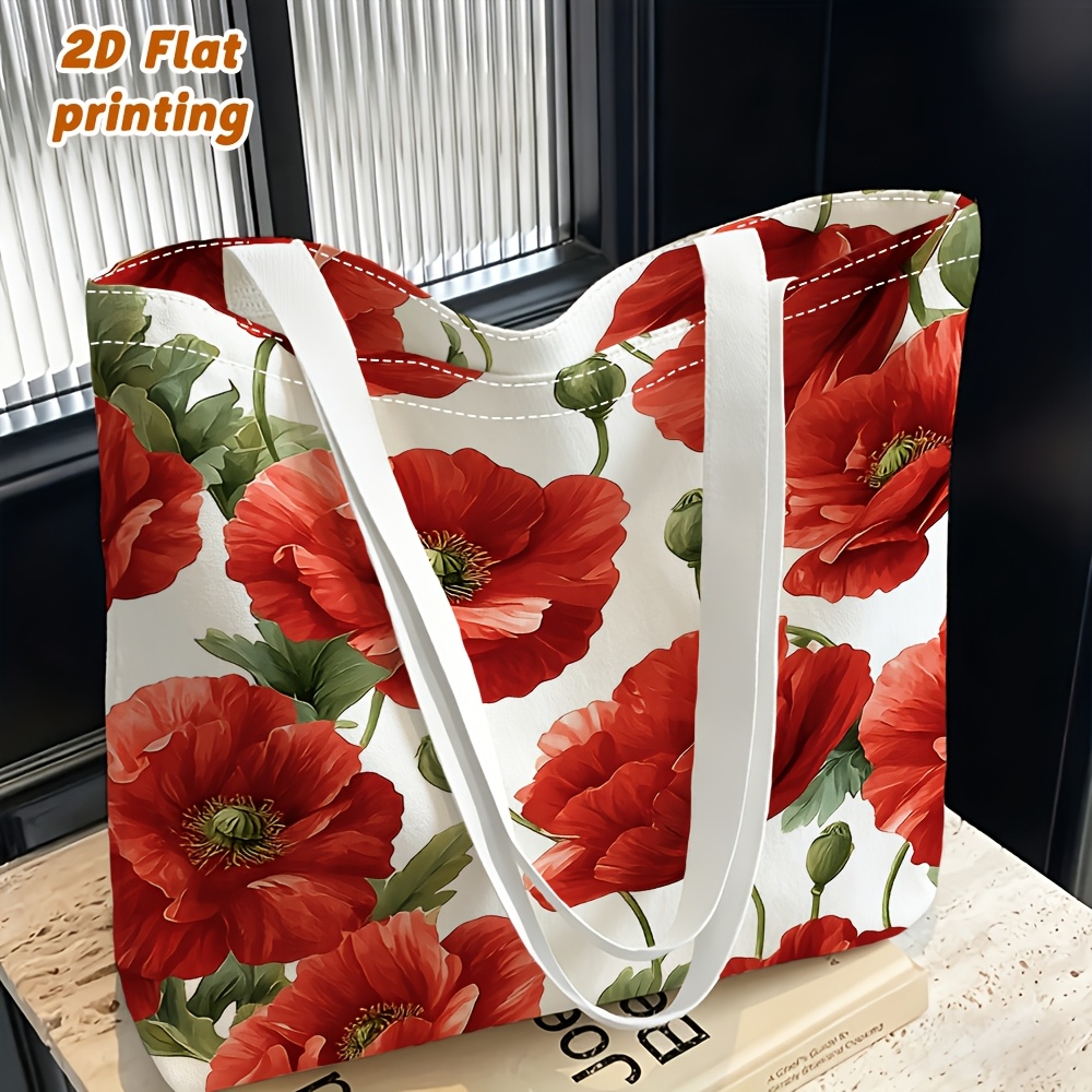 TEMU 1 sac à bandoulière pour femme avec motif de fleur de coquelicot rouge et de feuilles vertes, sac de poche, sac à main/sacoche à double usage