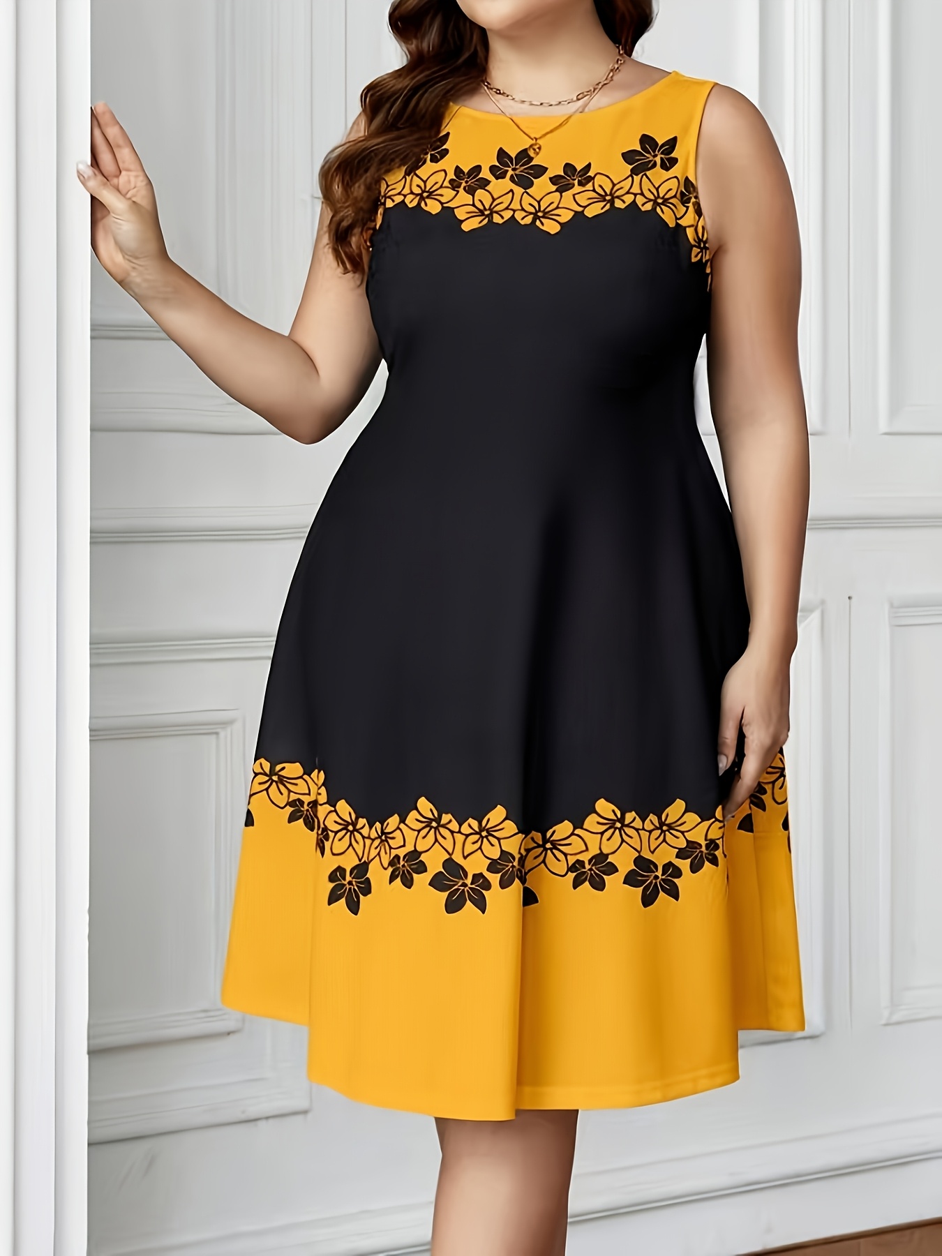 womens plus size elegant sleeveless floral print dress black Temu