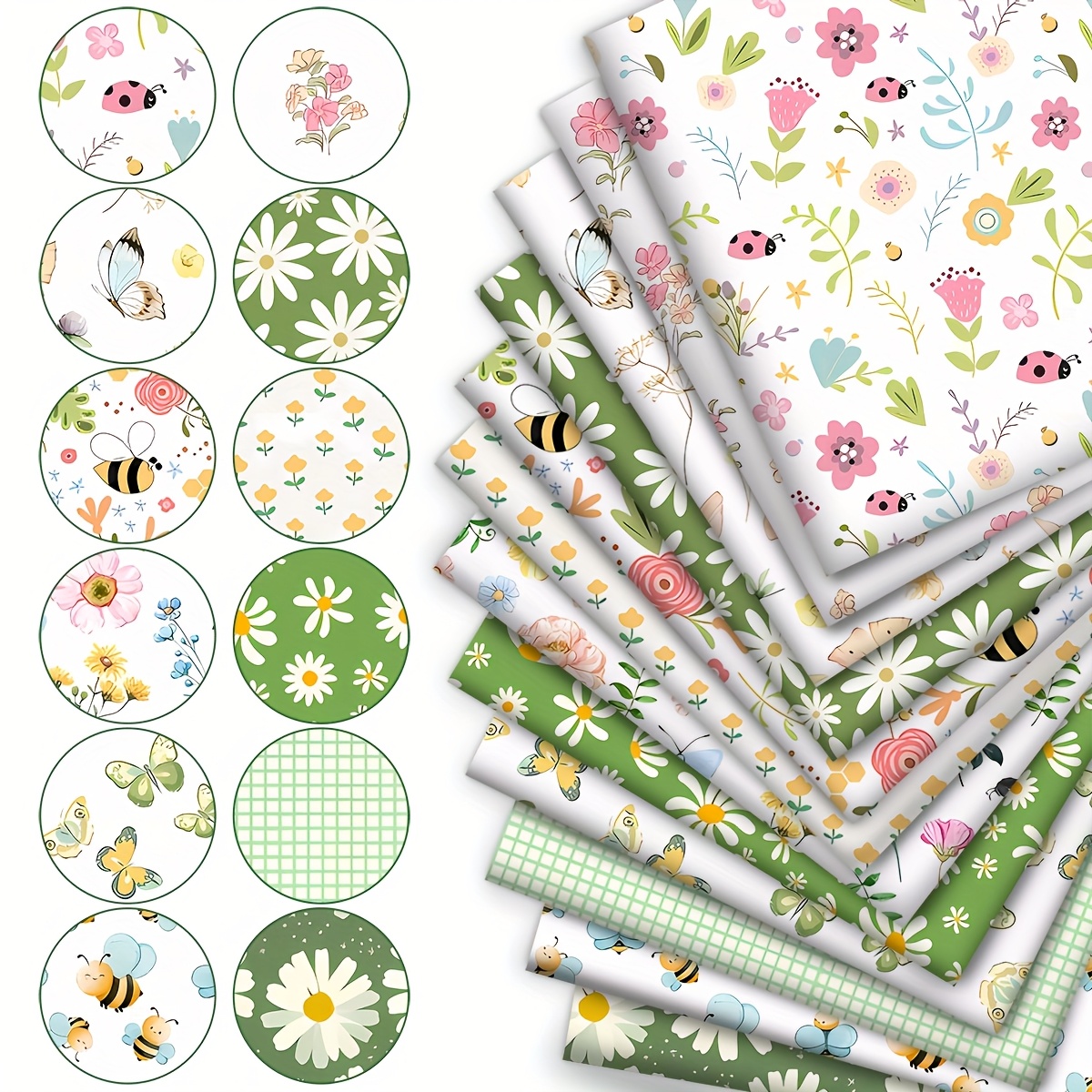 TEMU 12 pezzi Insetti Estivi Foglie Margherita Ape 12 pezzi Design di Tessuto Fat Eighth, Quilting, per Quilting, Progetti di Artigianato, Creazione