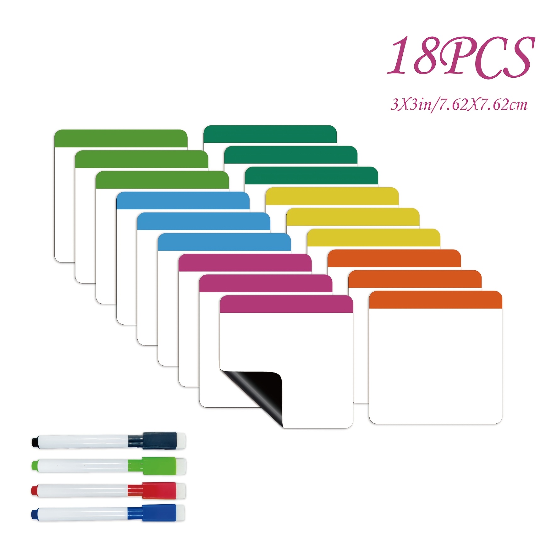 TEMU 18pcs Reusable Magnetic Dry Erase Board Labels With 4 Markers, 3" X 3" Rounded Corner Design, Magnetic Whiteboard Notes, Suitable For