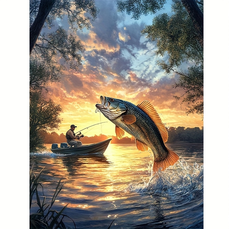 TEMU 1pc 5d Diy Diamond Painting Kit - Lake Fishing Scene With Elderly For Man, Round Acrylic Diamonds, Ideal For Beginners, Vibrant Wall Art Decor &