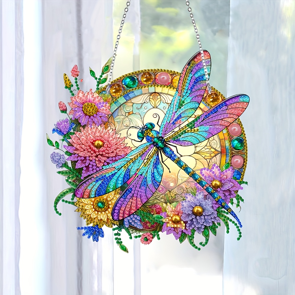 

Hand-painted Dragonfly Diamond Art Window Hanging - Colorful Acrylic Glass Light Catcher, Perfect For Garden Decor & Holiday Gifts (mother's Day, Valentine's, Christmas) - 7.87x7.87 Inches