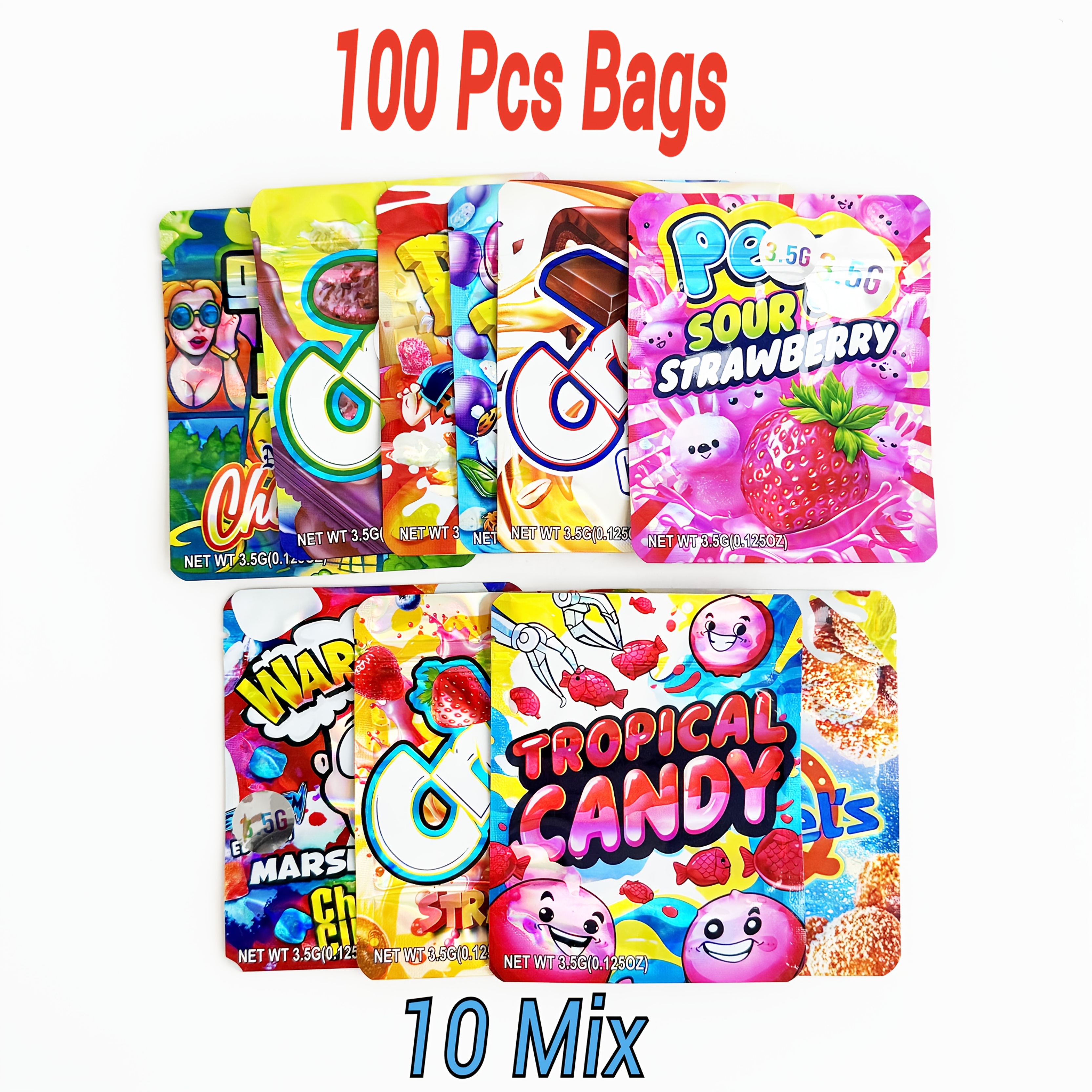 Temu – TEMU 50/100pcs Bags, 10 Mix, 3.5g Bags, Candy Bags, Mylar Bags, Gift Bags, Zipper Bags, Holographic Bags, Storage Bags, Resealable Bags, Suitable For