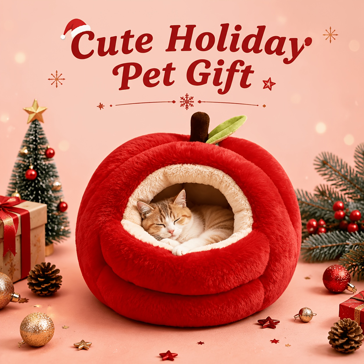 TEMU 1pc Cute -shaped Cat Cave Bed, Soft Plush Semi-enclosed Pet House, Winter Warm Cozy Sleeping Nest, Christmas Holiday Gift For Cats And Small
