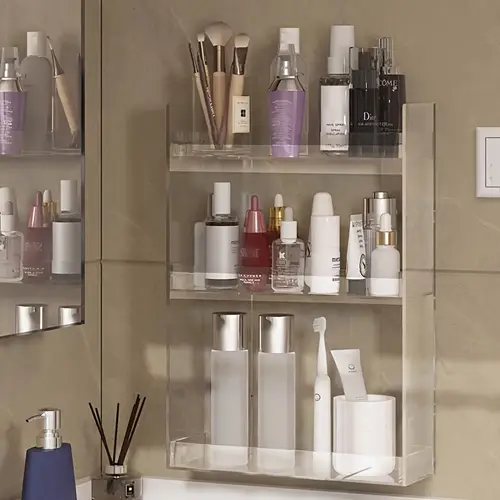 3 tier acrylic bathroom shelf cosmetic organizer multi tier storage cabinet no punch installation suitable for bathroom bedroom and desktop storage and organization