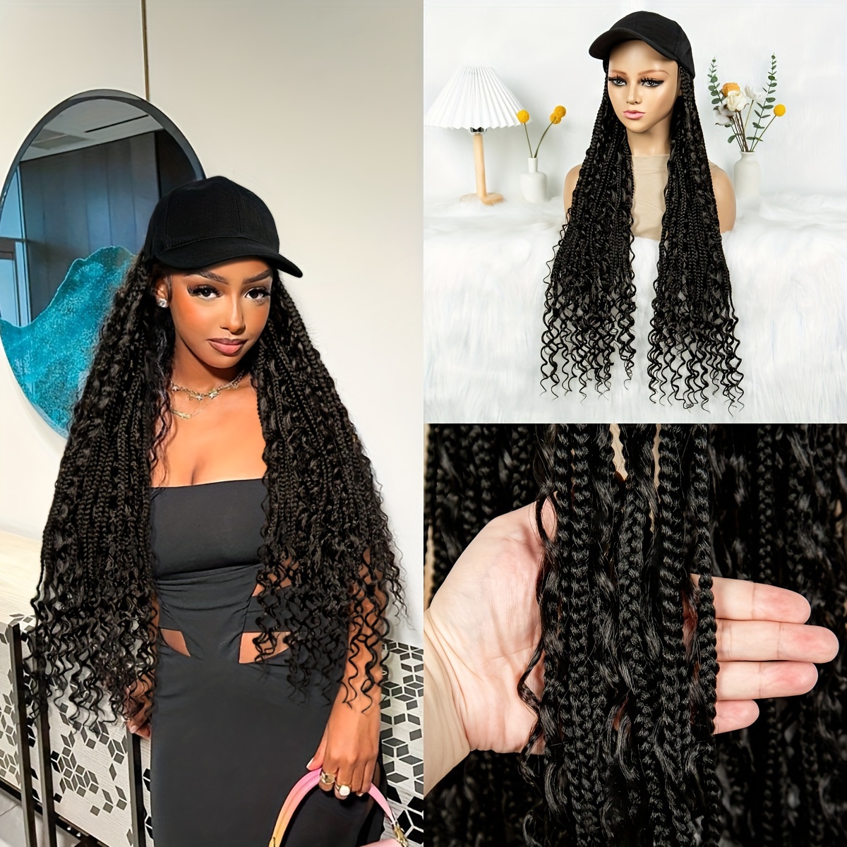 

Bohemian Goddess Box Braids Wig With Baseball Cap Attached, Synthetic Twist Braids Cap Wig, Fiber, Women's Cap, 150% Density Natural Looking Hair Extension, Suitable For All Women