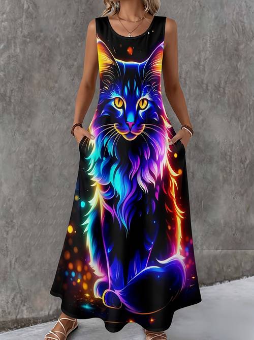 women sleeveless line maxi dress with pockets full body cat print robe dress round neck beach dress suitable for casual party outfit machine washable summer dress for