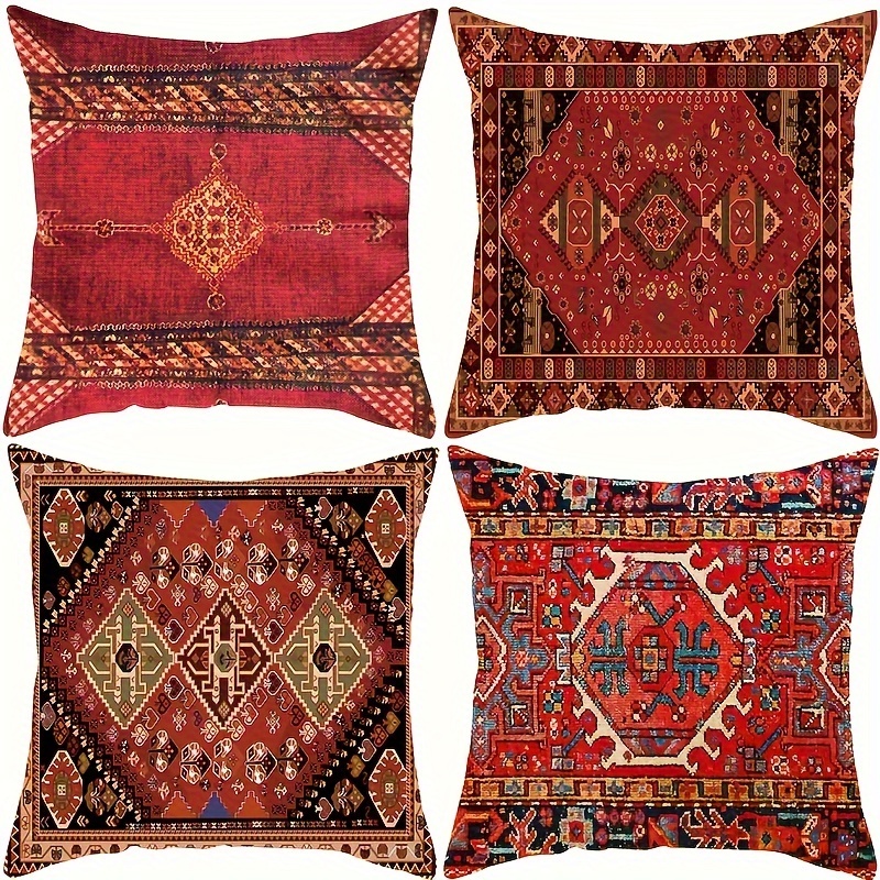 

Vintage Persian Geometric Pattern Throw Pillow Covers Set Of 4, Red Linen Decorative Pillow Cases With Zipper Closure, Machine Washable, For Rv Sofa, Bedroom, Car, Living Room, Home Decor (no Insert)