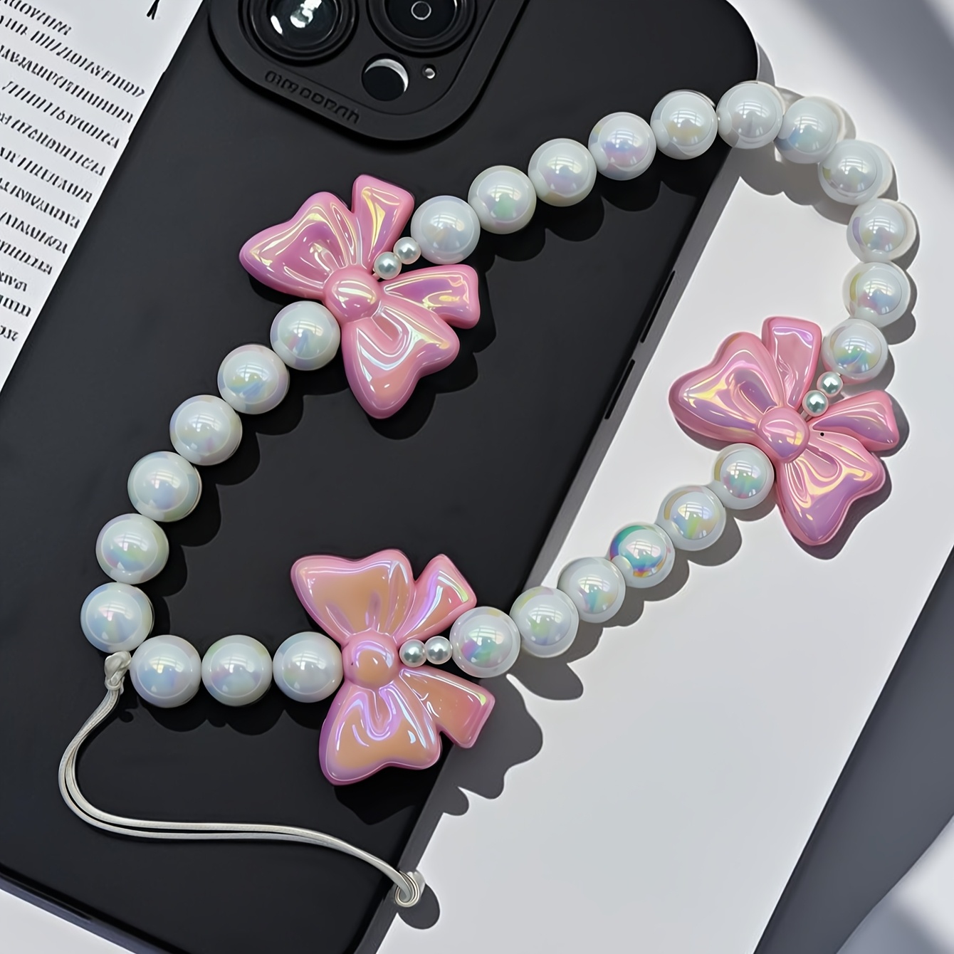 Pink Bow Acrylic Pendant Phone Chain Lanyard Phone Hanging Bracelet Keychain Universal Mobile Accessory With Clear Trim