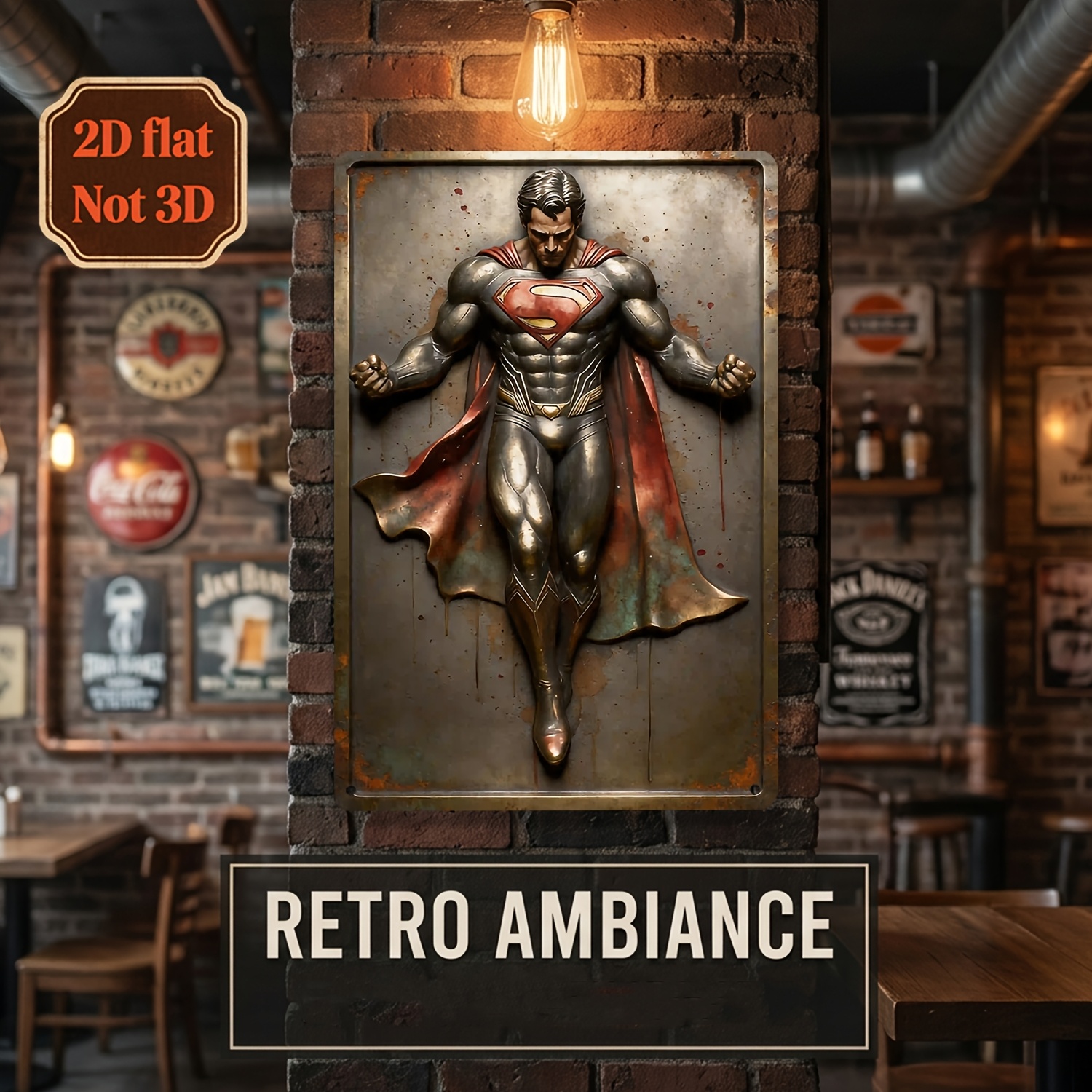 TEMU 2d Flat-[2dflat] 1pc Superman Theme Retro Sign, Suitable For Bars, Cafes, Garage Decorations, Home Decor, And Garden Fences. Perfect For Parties