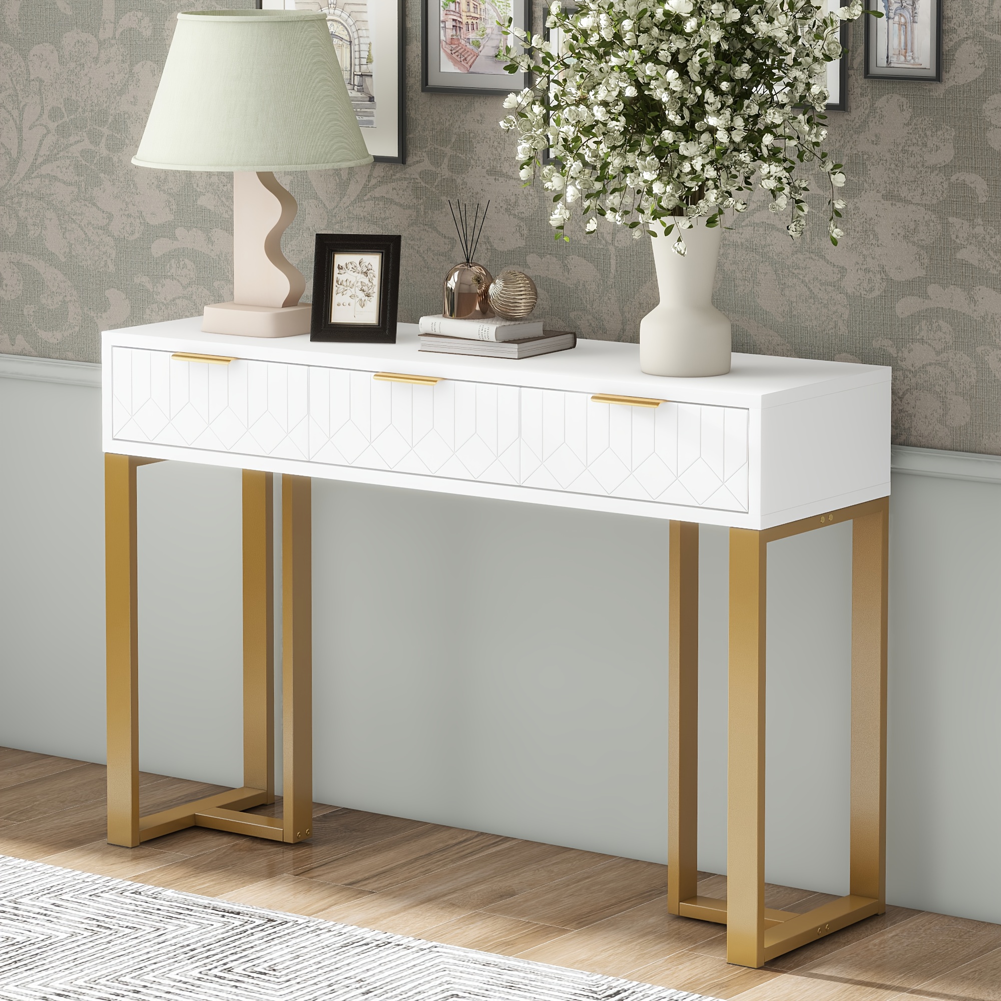 Console Table, Modern Console Table With Drawers, Adjustable Feet And Elegant Handles ( Colors)