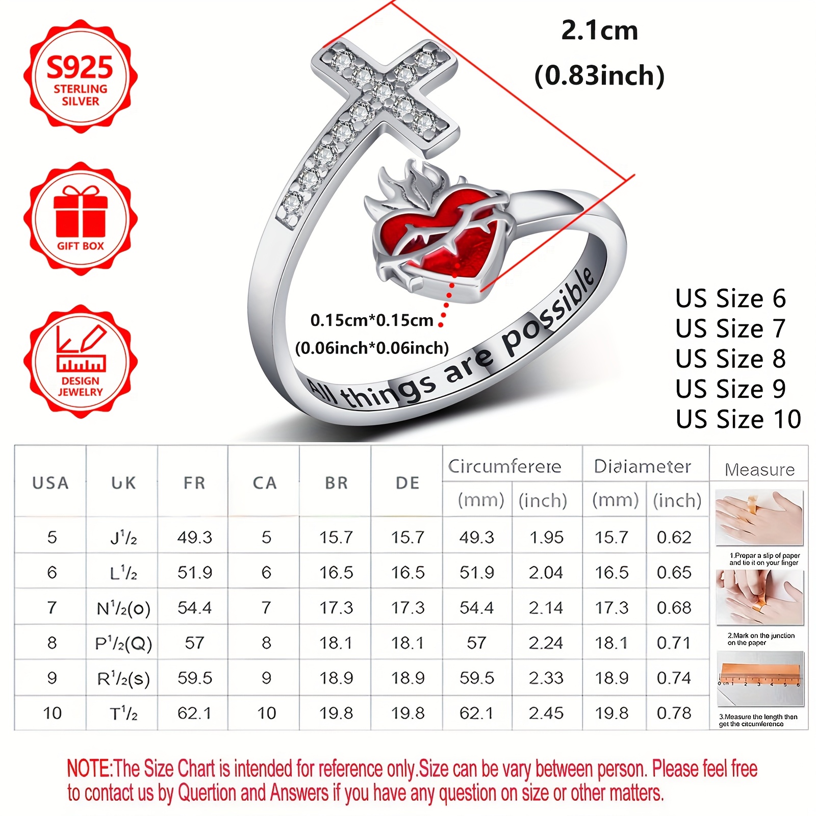 925 Silver Women's Sacred Heart Open Ring