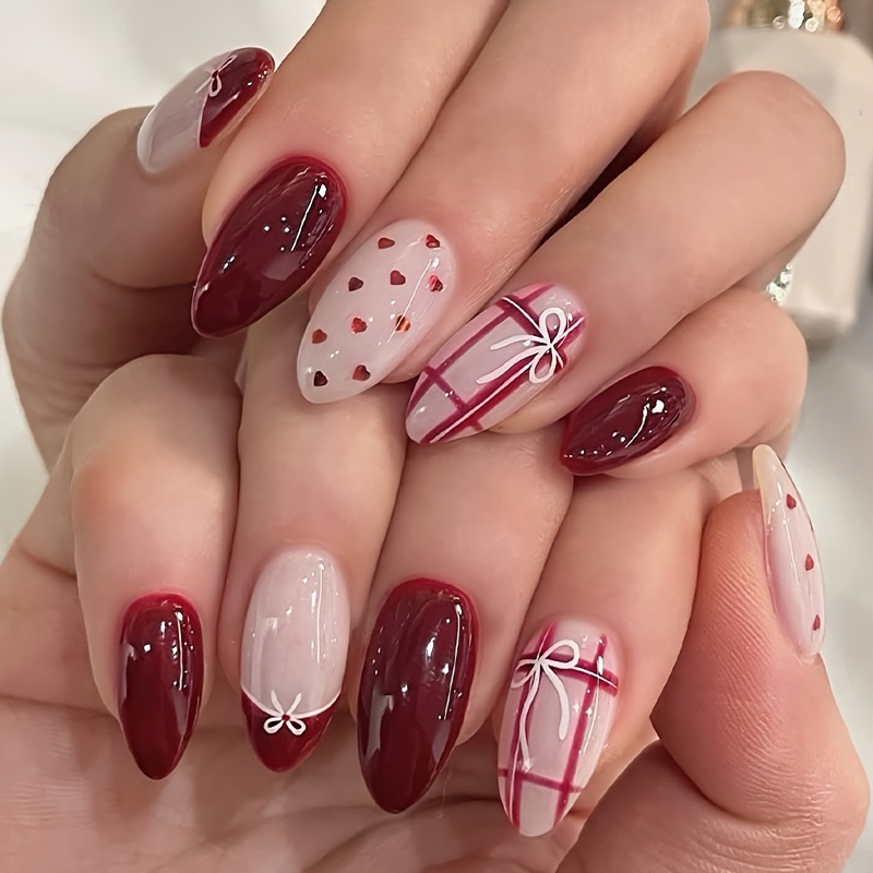 TEMU 24pcs Burgundy Nails Medium Almond Press On Nails Reusable With Bow Heart & Check Design Surface Glossy Nails Acrylic Full Cover Romantic For