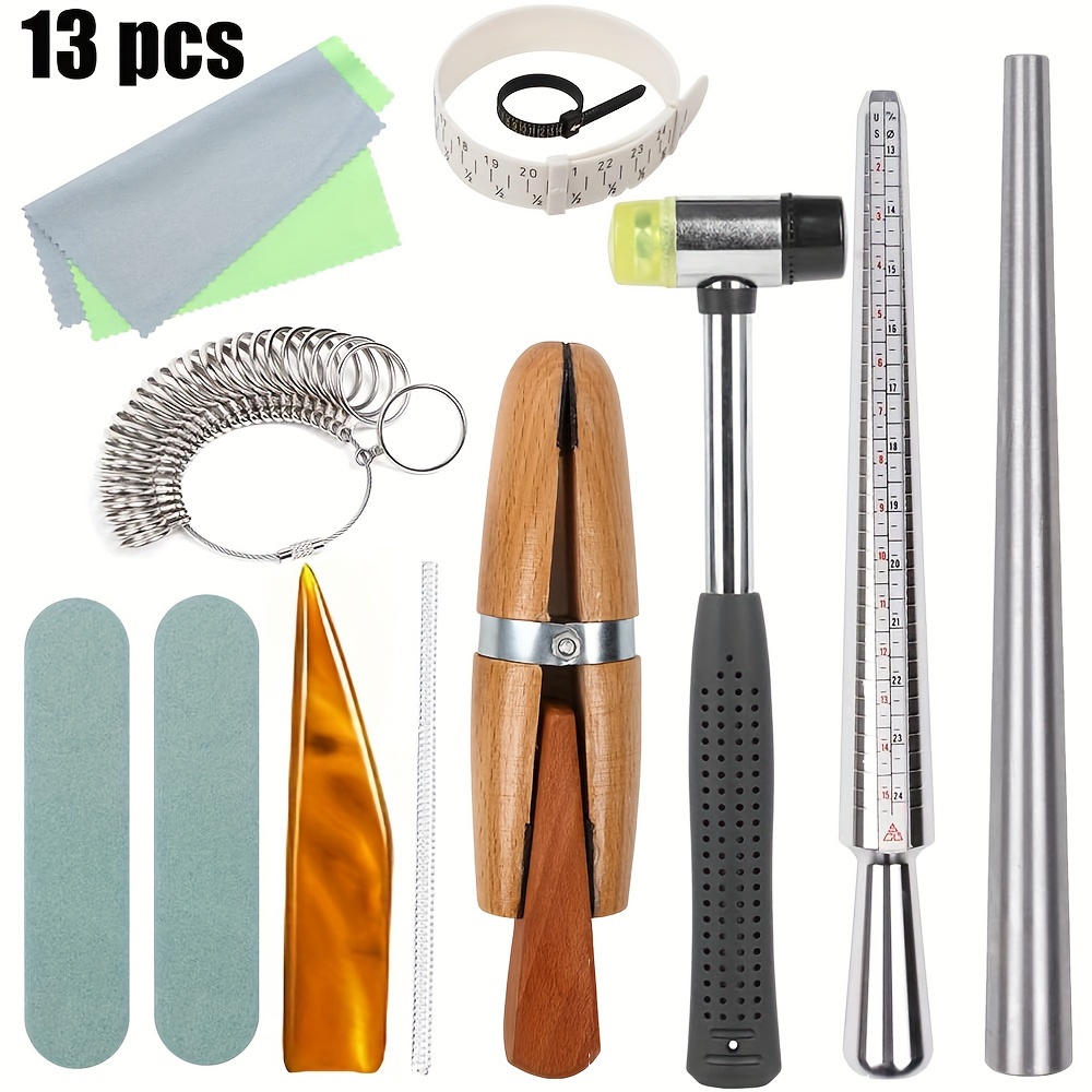 

Kit de Fabrication de Bijoux 13pcs: Taille de Bague, Mandrins, Marteaux & Plus - Outils de Bricolage pour Bagues, Bracelets &