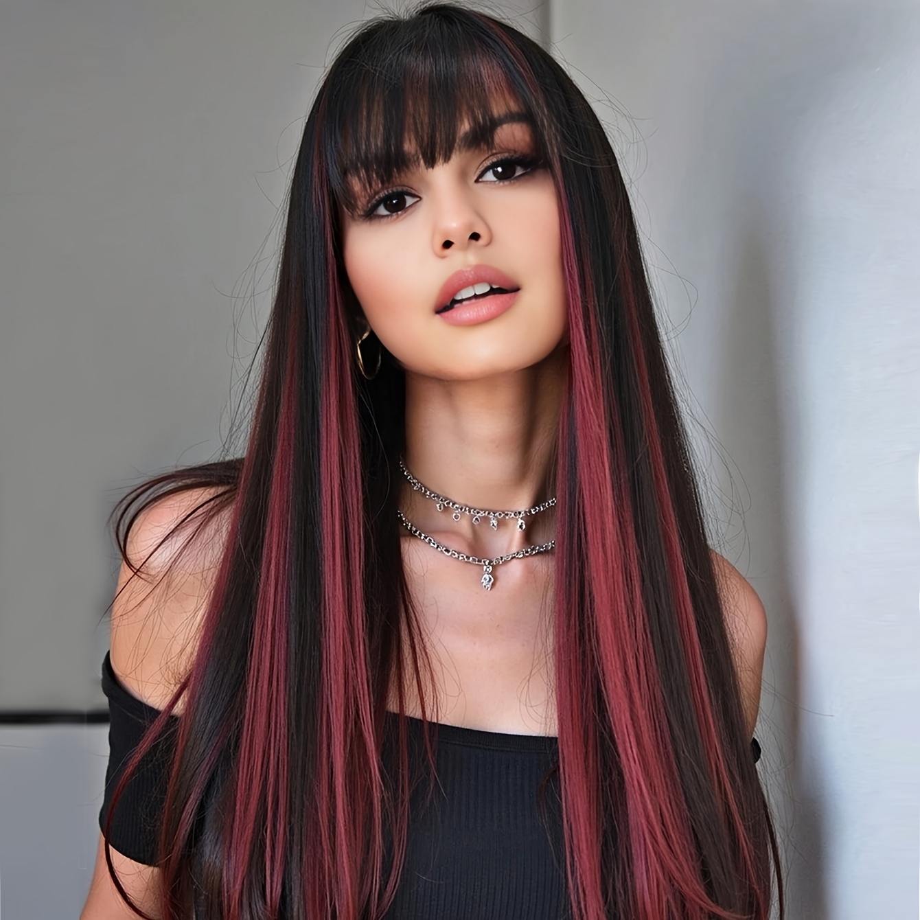 women's long straight synthetic wig bangs high temperature Temu