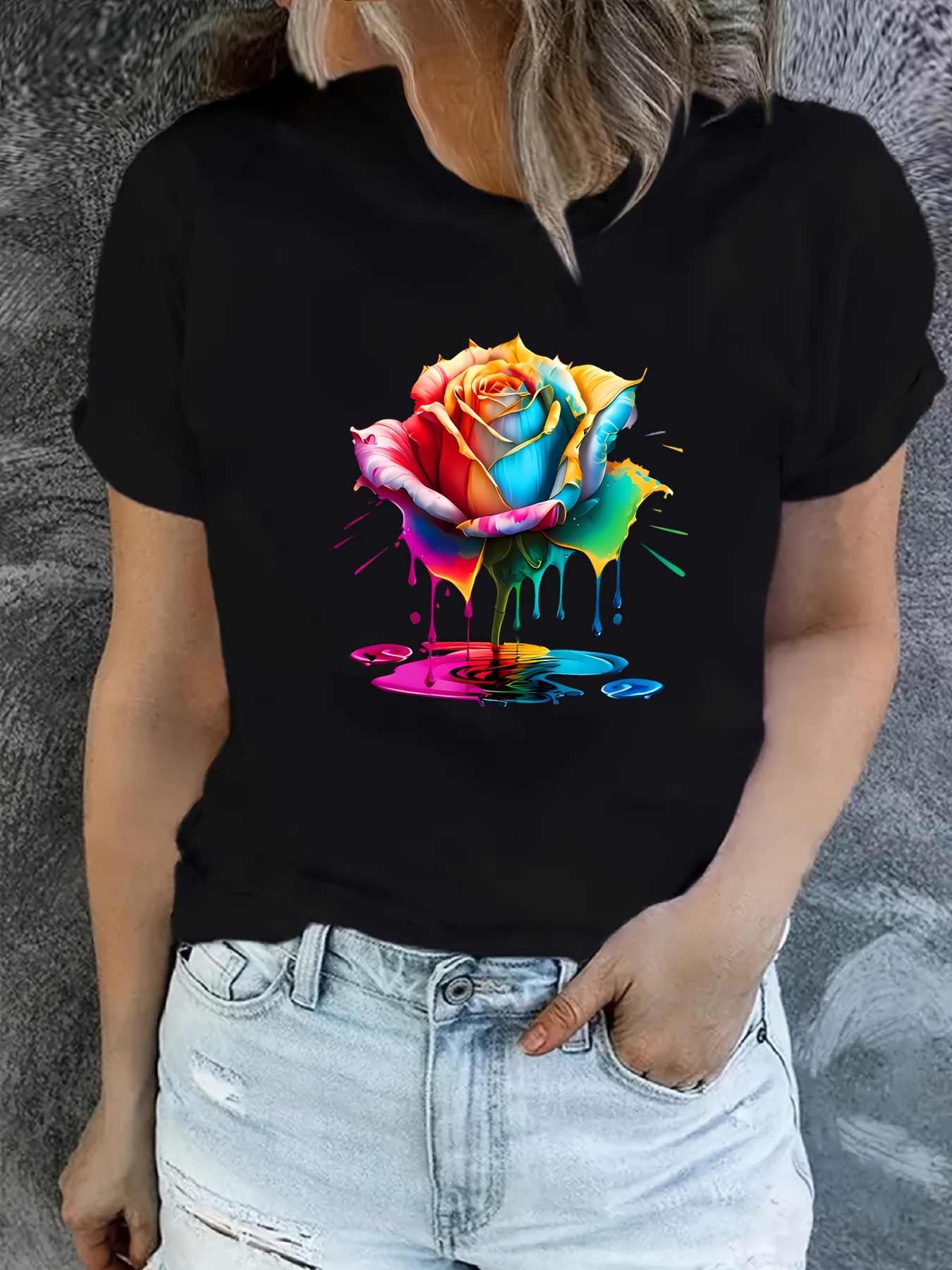 Rose Bask l T shirt K sa Kollu Crew Neck Rahat Ust Temu Turkiye