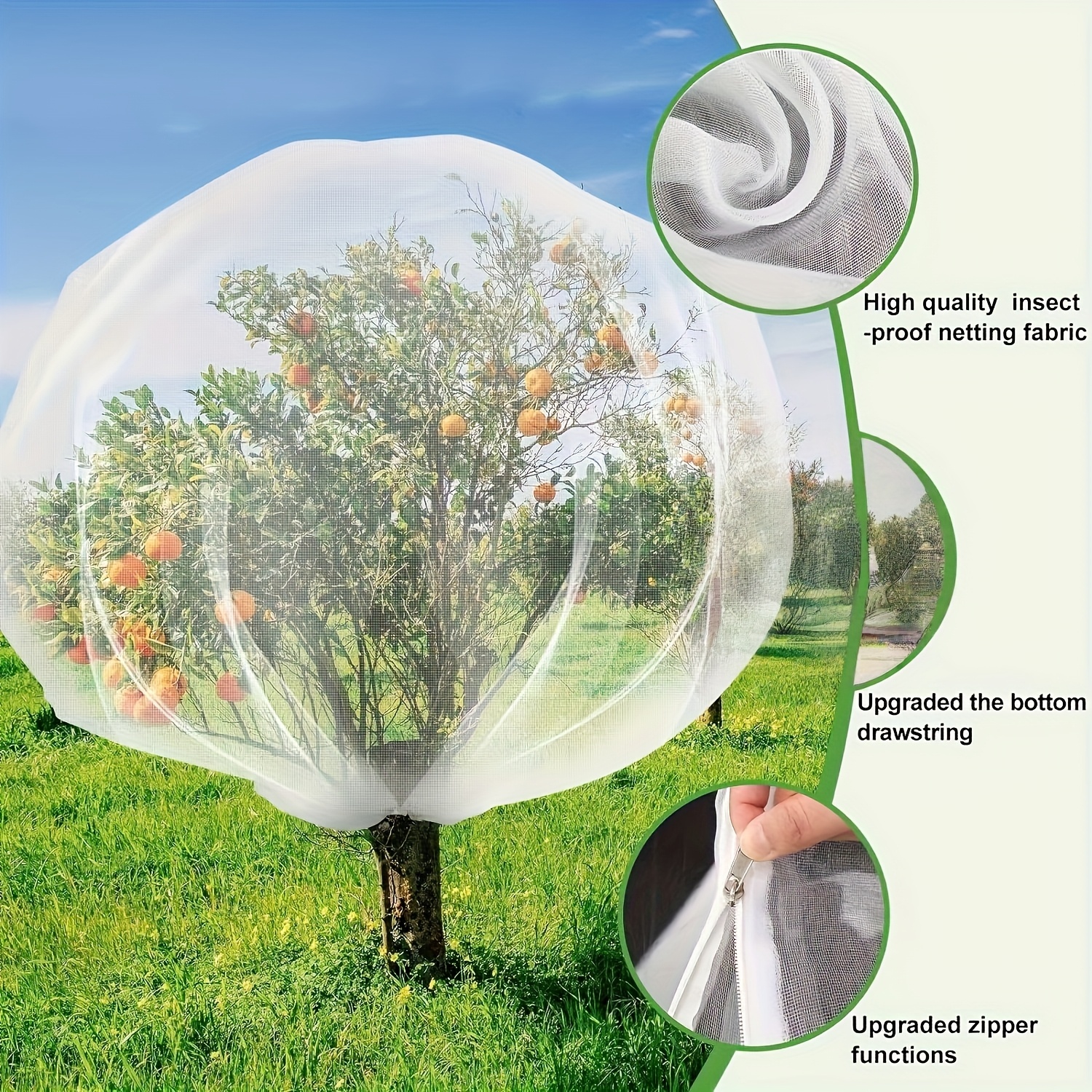 TEMU Malla de jardín de PET duradera de 118 pulgadas x 118 pulgadas - Protección de plantas de malla con cordón y cremallera, contra insectos y