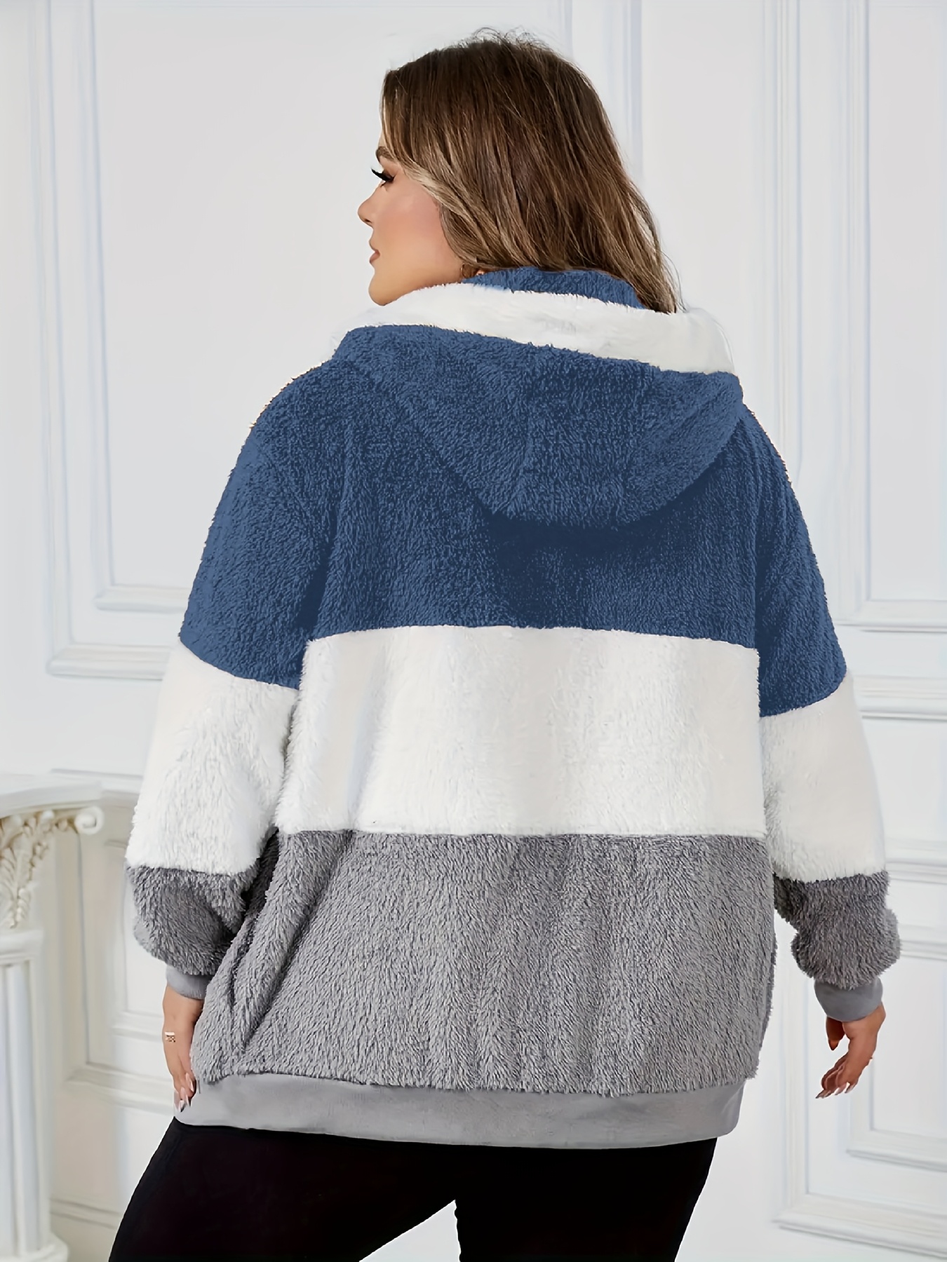 Chamarra elegante para mujer con capucha forrada en peluche y cierres metálicos, diseño color block, abrigo de invierno holgado, lavable en máquina, ropa exterior para clima frío en otoño e invierno, abrigos de invierno para damas, comodidad con forro de peluche