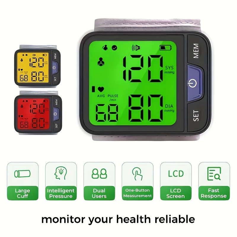   portable wrist blood pressure monitor with voice large tricolor display digital automatic cuff memory storage battery operated   carrying case batteries not included blood pressure monitor for home Product details 1