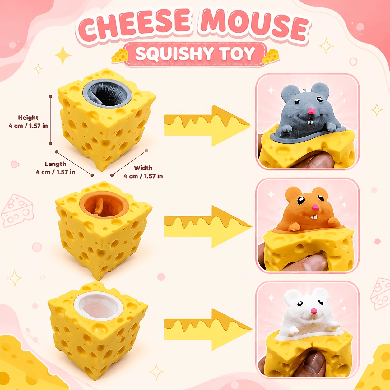 Adorable Mouse Cheese Block Squeezable Toy, 2pcs