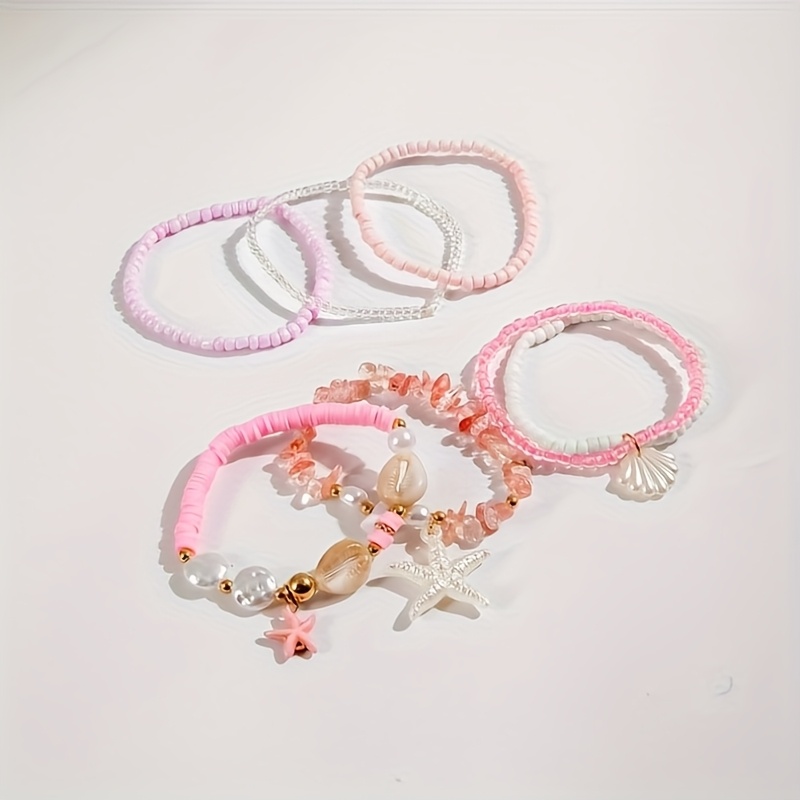 Boho Rice Beads Bracelet Set with Starfish Shell Charms