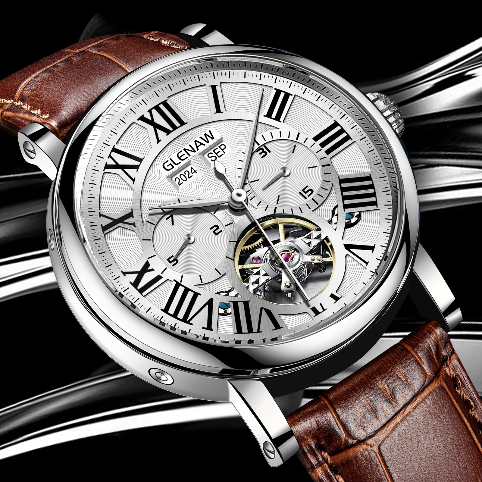 Glenaw Automatic Watches For Men, Multi-'s Mechanical Watch With Year, Month Day And Week Display