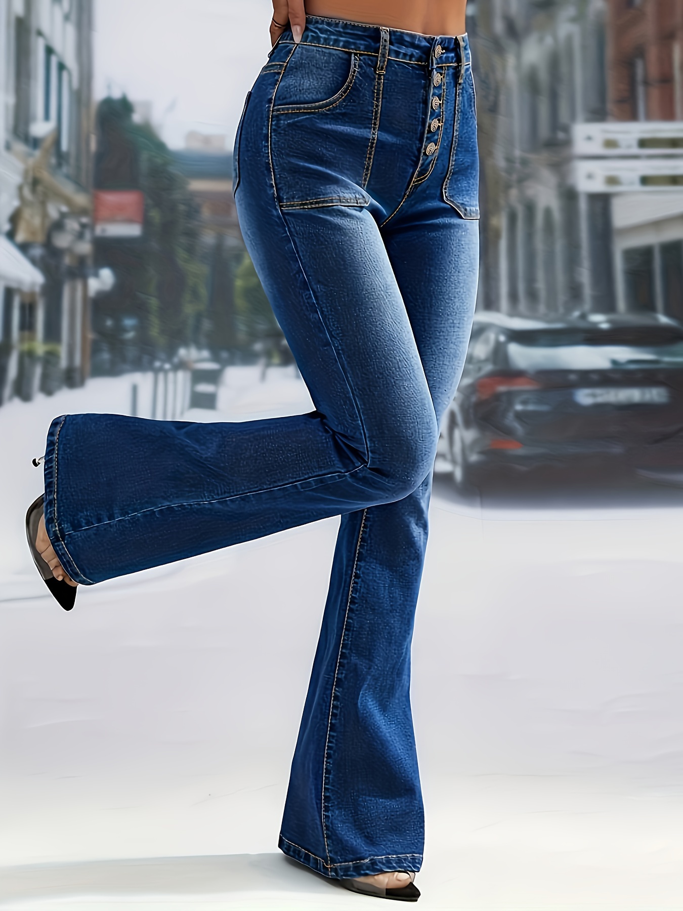 Jeans Acampanados De Cintura Alta Azul, Pantalones De Mezclilla Con  Bolsillos Oblicuos Y Botón De Campana En La Parte Inferior, Jeans Y Ropa De  Mezcli
