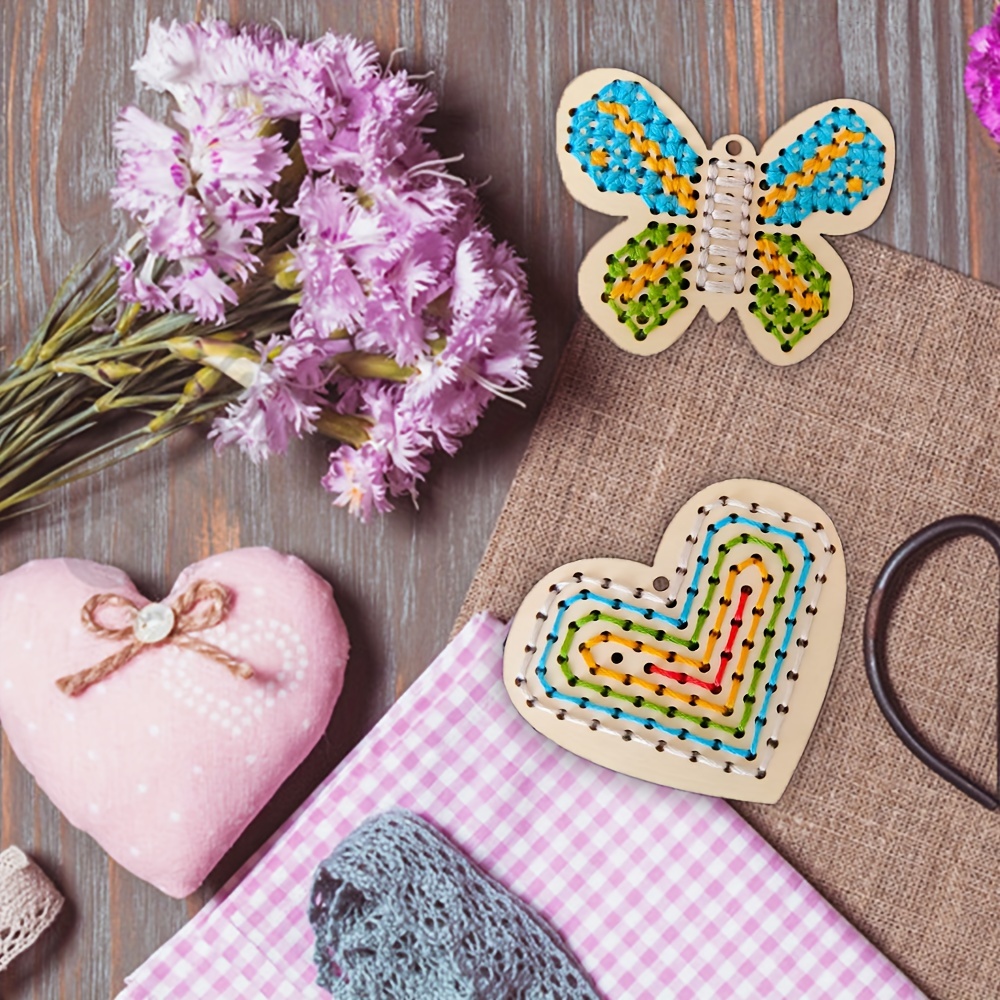 Image of 6pcs Floral Heart Wooden Cross- Sewing Kit, Suitable For Beginners, Diy Threading Pattern, Home Decor Gift With 6 Wooden Boards, Thread, And Embroidery Tools, -style Home Decoration