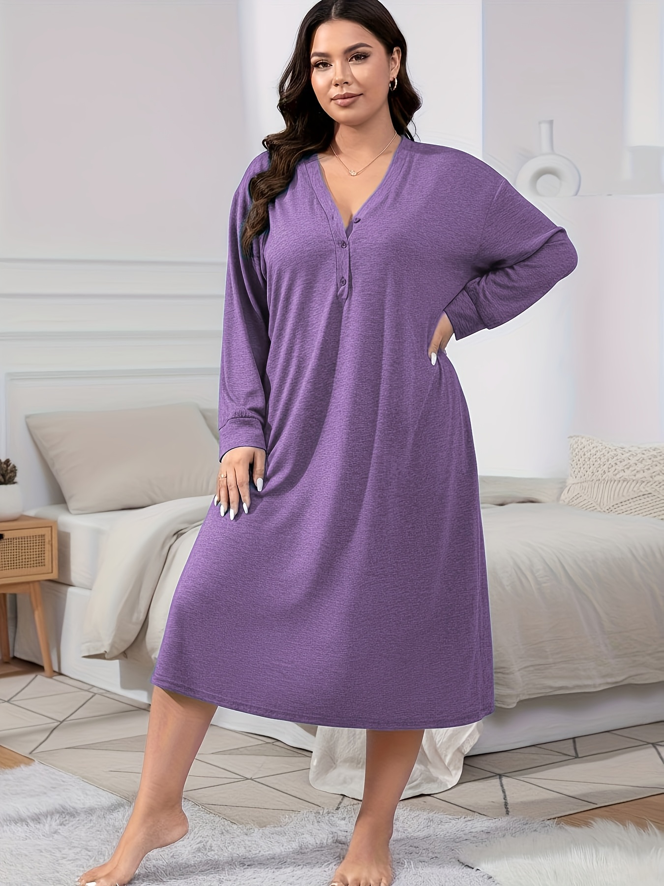womens plus size autumn winter   v neck button design long sleeve   nightgown