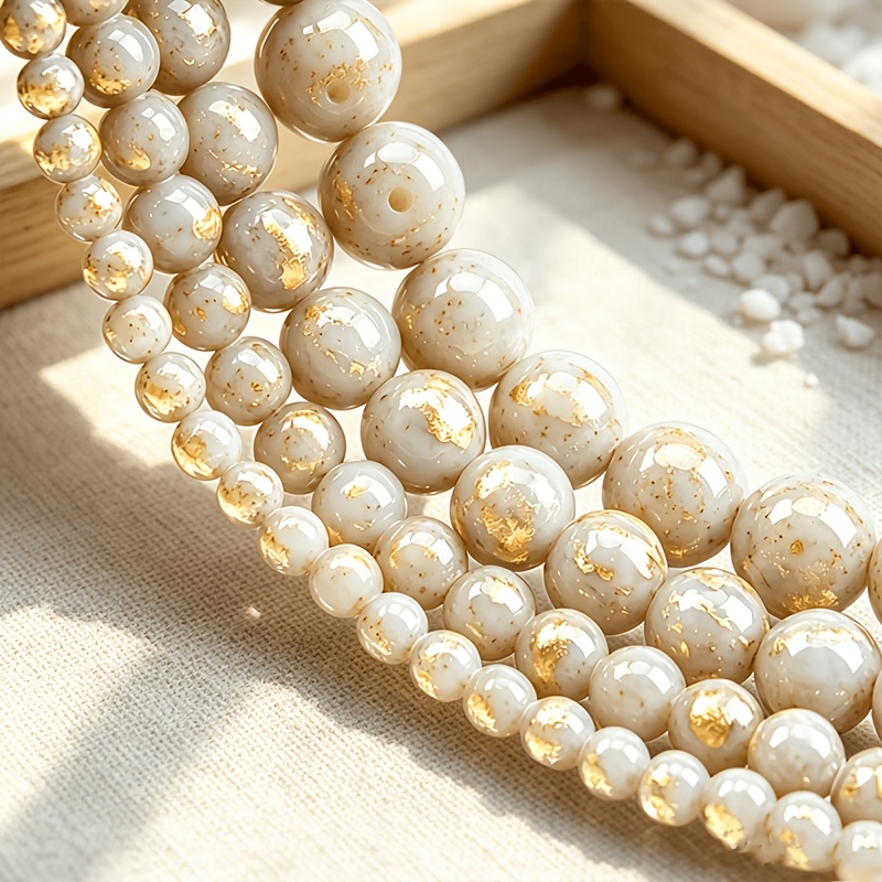 TEMU 6/8/10mm Milky White Natural Stone Round Loose Beads With Warm Golden Dots, Glossy Glazed Full And Round Resin Beads, Handmade Diy Bracelet