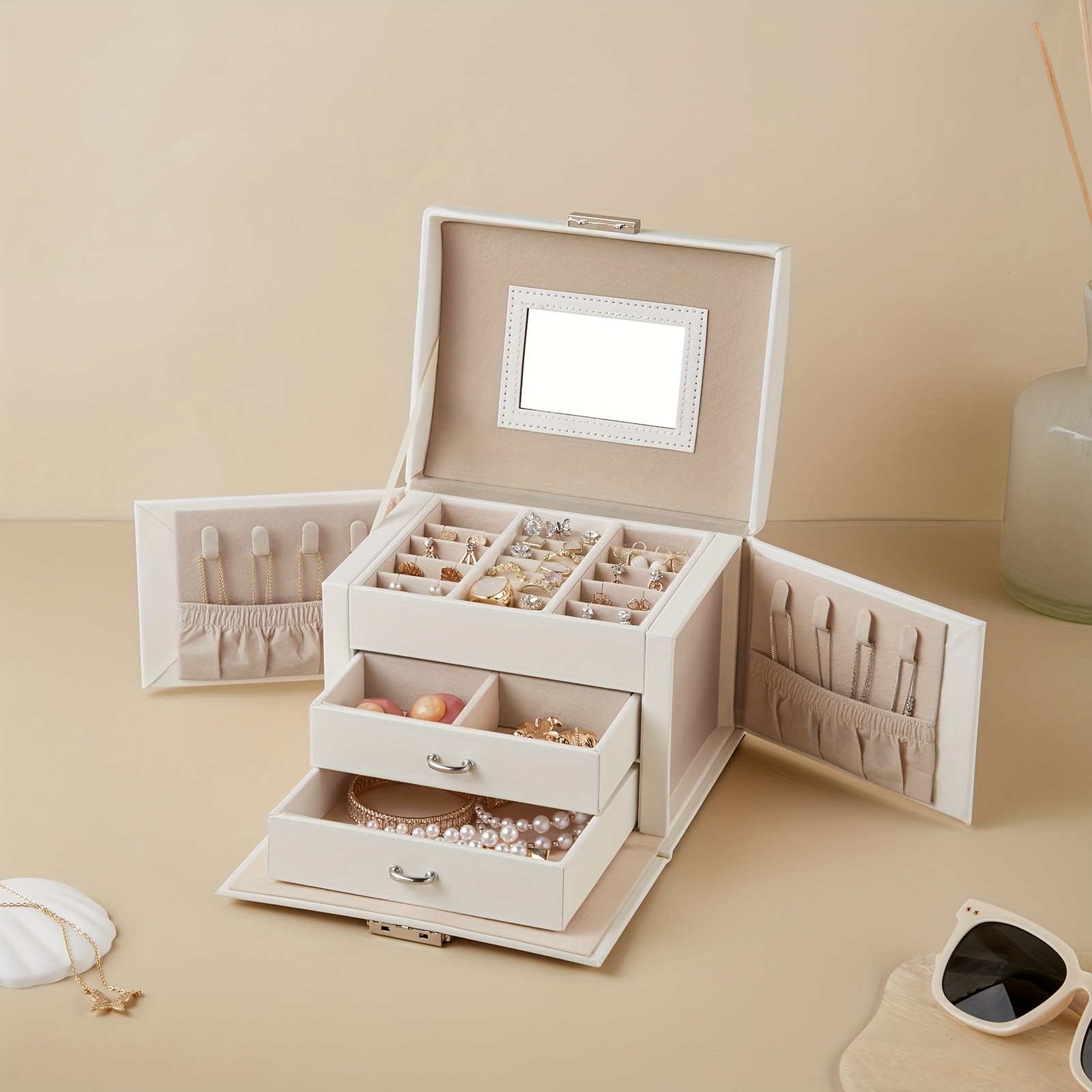 3-tier Jewellery Box/case With Mirror, Lockable Jewellery Organiser With Handle, 2 Drawers, Travel Jewellery Storage, , Gift For , Jewelry Boxes