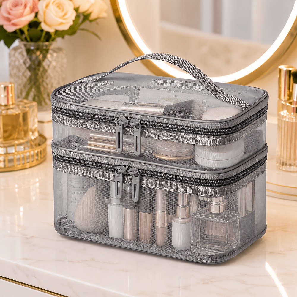 TEMU Double-layer Large-capacity Transparent Toiletry Storage Bag, Portable Cosmetic Organizer With Compartments, Travel And Toiletry Storage Pouch
