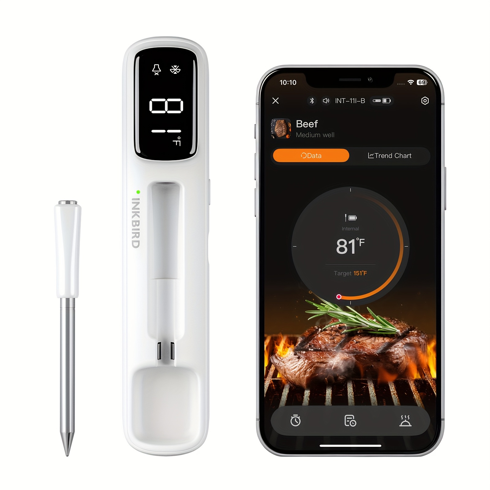 TEMU 1pc/2pcs Thermomètre à viande fil Wifi 328Ft/100M, Thermomètre BBQ avec 2 tailles de sonde en acier inoxydable de qualité alimentaire, 28 menus