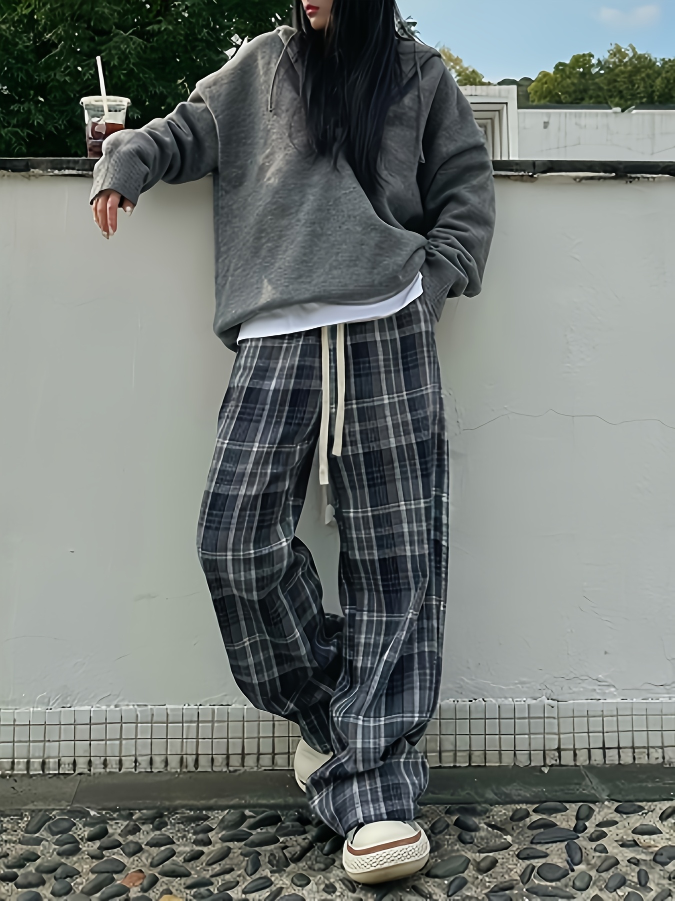 pantalones pierna ancha cuadros retro mujer Temu Uruguay