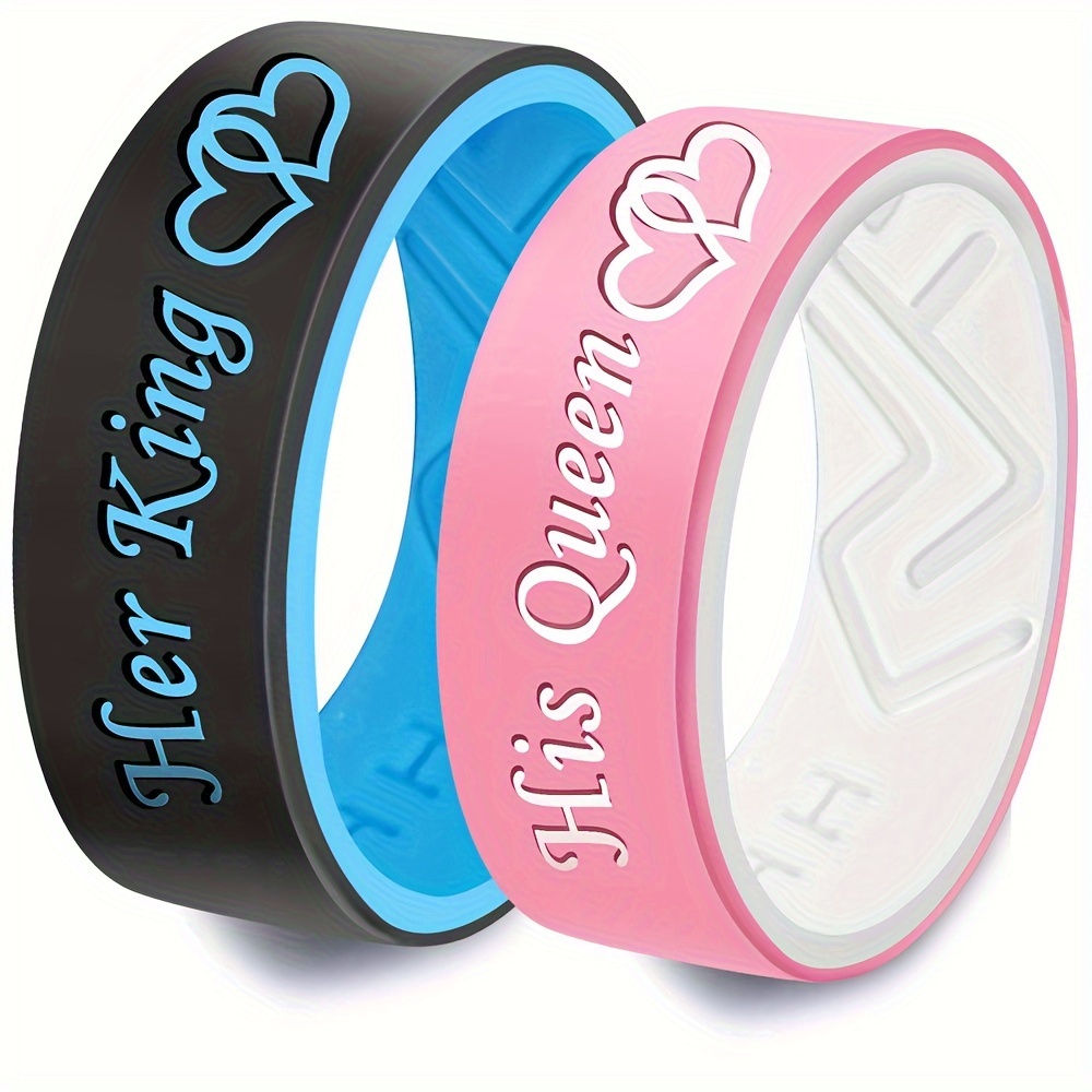 

Her King His Queen" Engraved Silicone Couple Rings - Heart-to-heart Design For Daily Wear, Proposals & Anniversaries - Breathable Comfort Fit In Black, Blue, Pink, Green