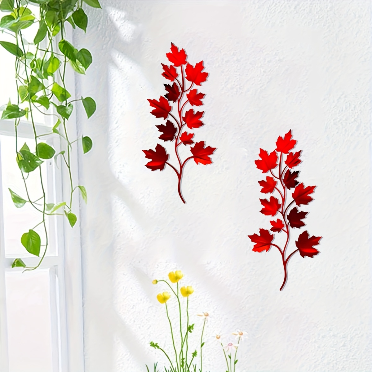 TEMU 2pcs Décoration Murale Métallique de Branches de Feuilles d'Érable, Art Mural de Silhouette d'Érable Imprimée , Sculpture Murale de Plante en