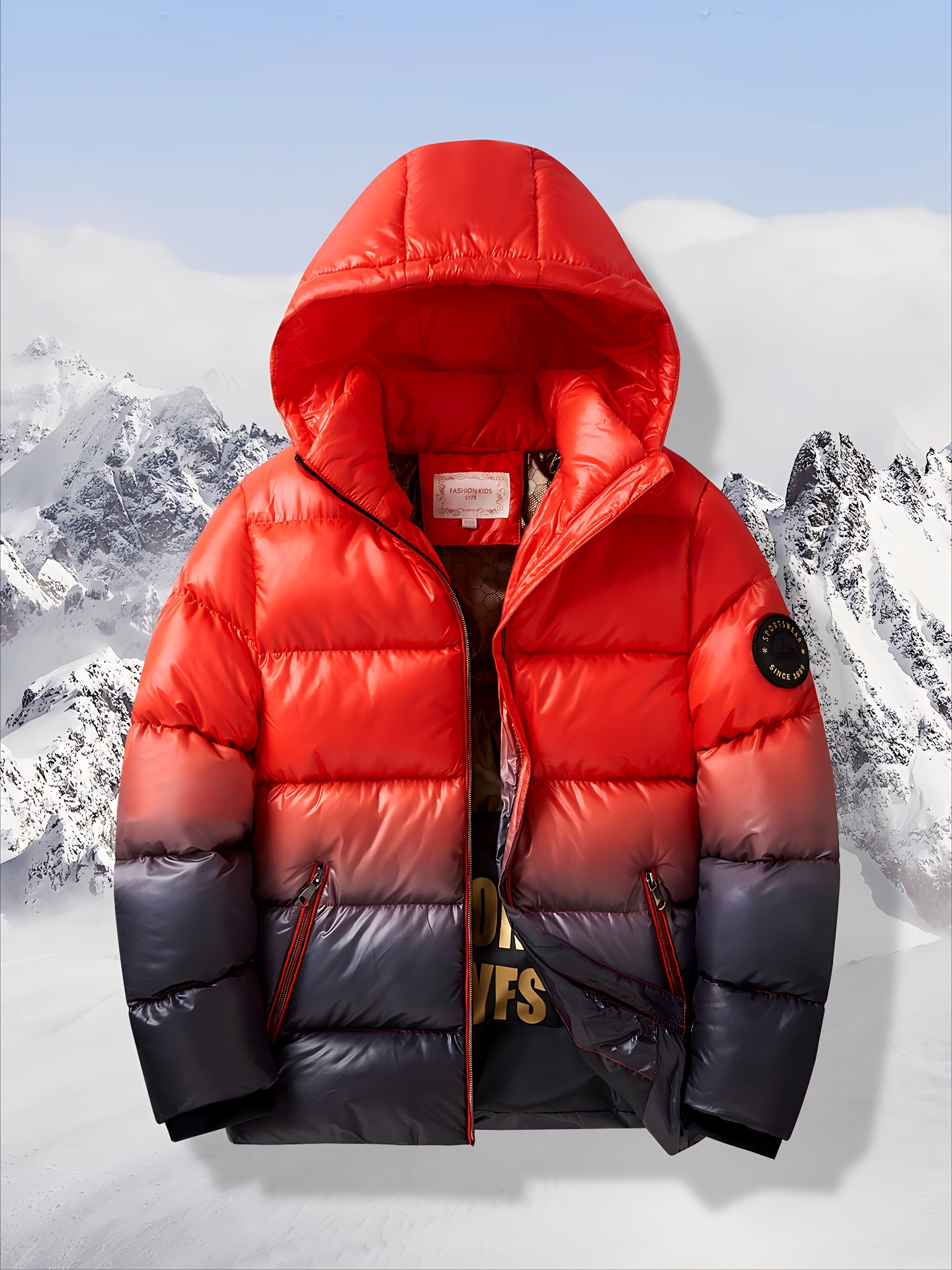 Boys' Winter Warm Hooded Jacket - Thickened Insulated Coat with Pockets, Red & Gradient Design, Long Sleeve Casual Outerwear for Cold Weather, Winter Coat for Boys, Durable Outdoor Wear