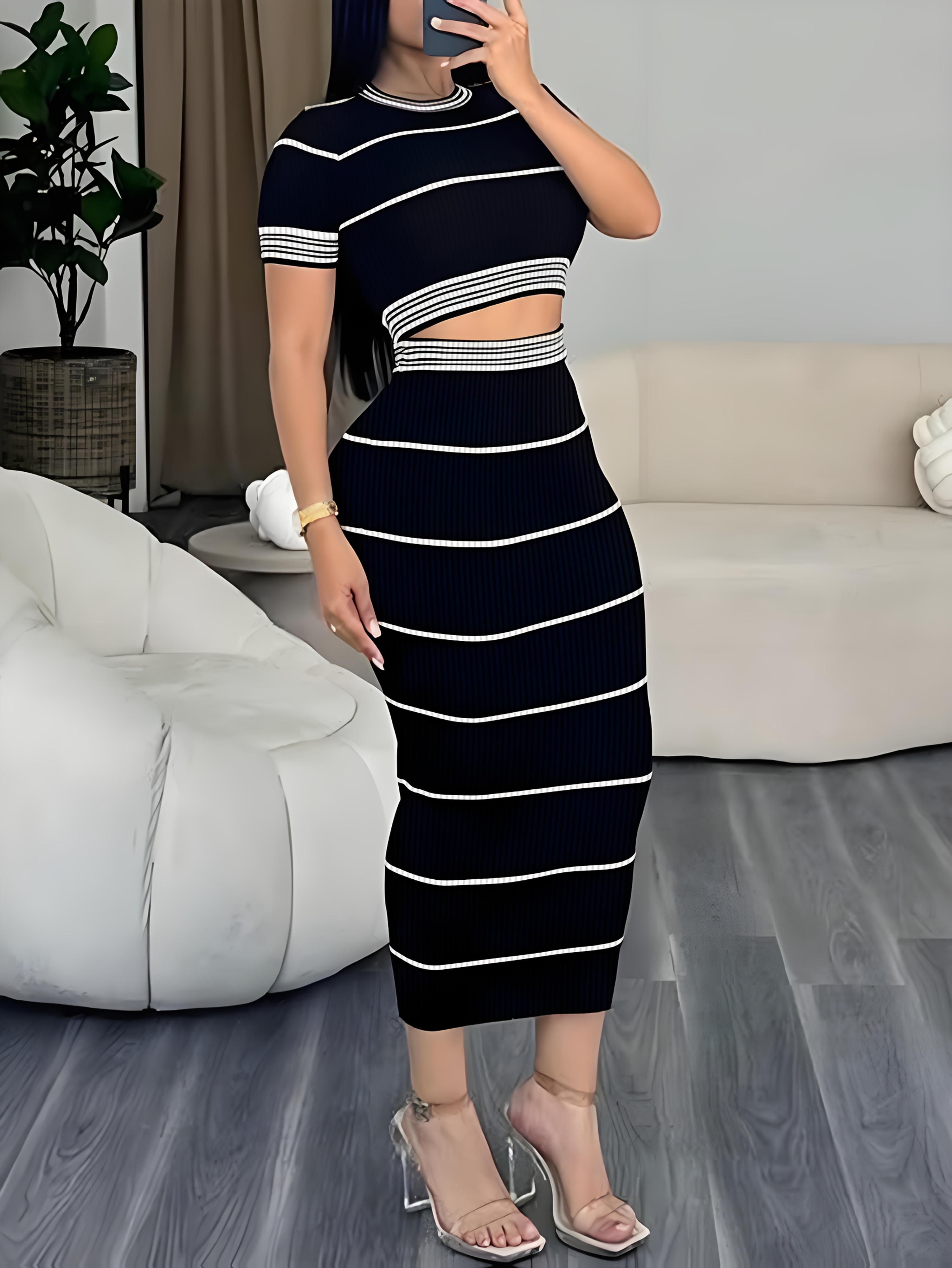 Women'S Elegant Striped Mini Skirt Suit Chic Retro Short Sleeve, Ribbed  Top with Cutout Detail, High-Waisted Bodycon Skirt for Spring/Summer