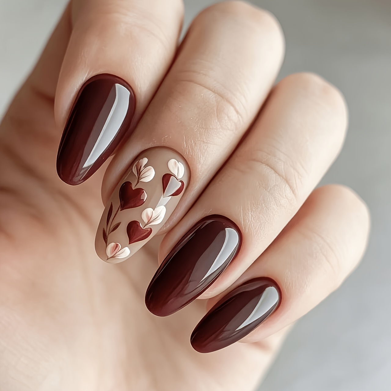 TEMU 24pcs Handmade Press-on Nails Suitable For - Wine Red Glossy Almond Shape With Hand-painted Gradient Heart & Leaf Design, Long False Nails For