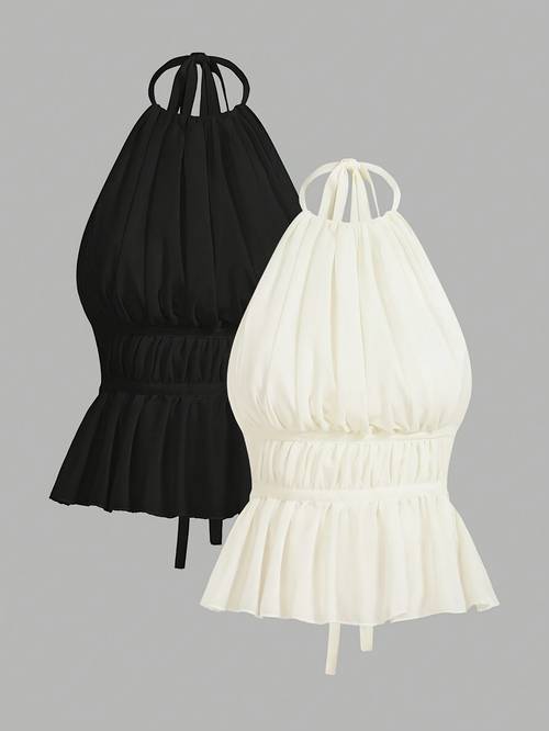 womens solid color ruched backless halter top 2pcs set