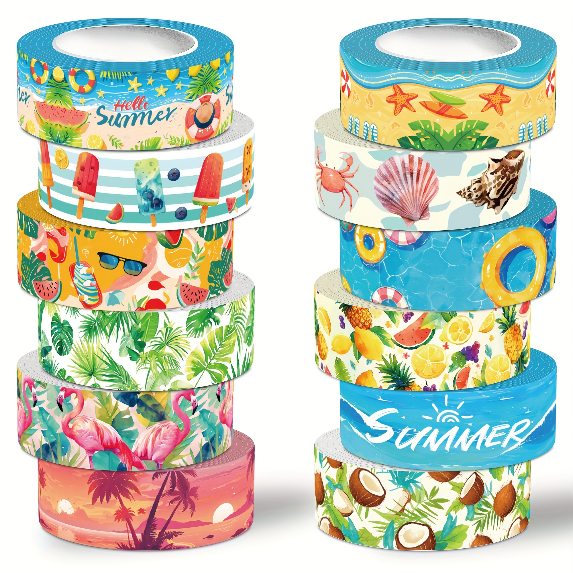 Image of Summer Washi Tape Set, 12 Rolls Holiday Decorative Tape Flamingo Tropical Leaves Coconut Watermelon Pineapple Masking Tape For Journaling Supplies, Gift Wrapping, Diy Art & Crafts