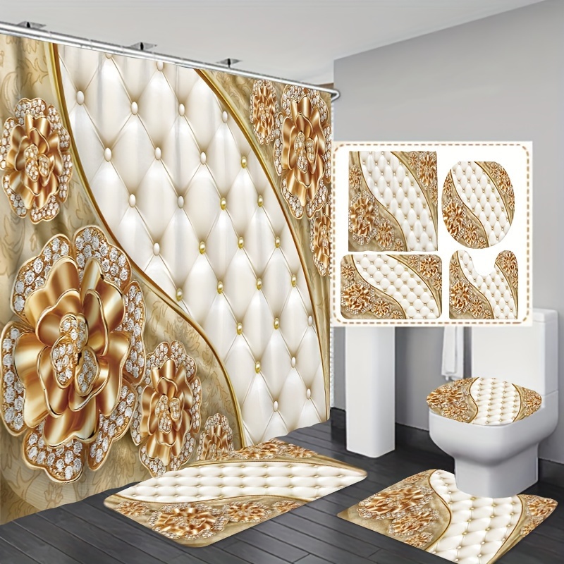 

1/3/4pcs Pearl Diamond Flower Pattern Shower Curtain Set, Waterproof Bathroom Partition Curtain With Hooks, Non-slip Bath Rug, Toilet U-shape Mat, Toilet Lid Cover Mat, Bathroom Accessories