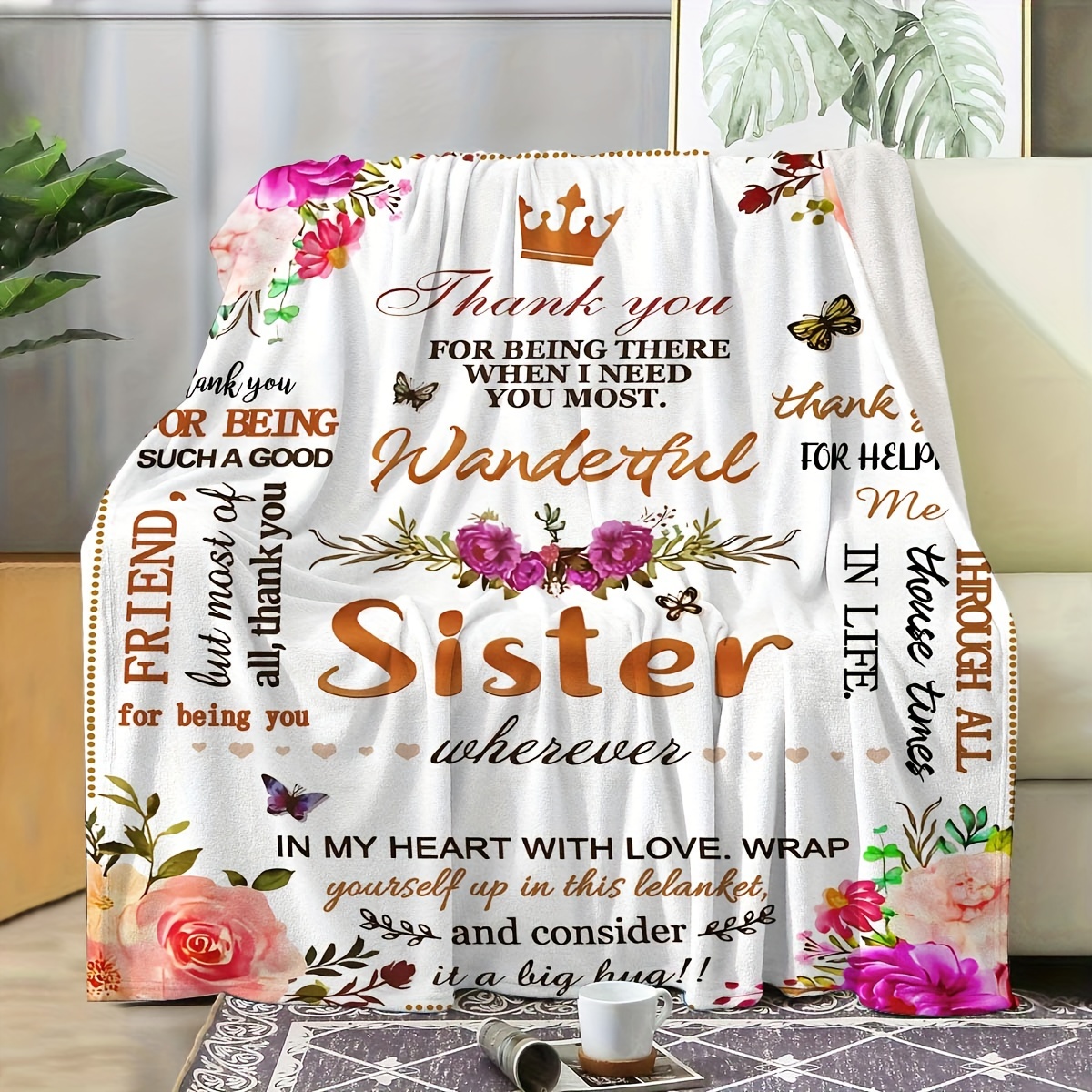 

1pc Sister Appreciation Throw Blanket – Soft, Cozy Blanket With Message, Floral , And Crown Motif – Perfect Gift For Sisters, Home Decor, Or Travel