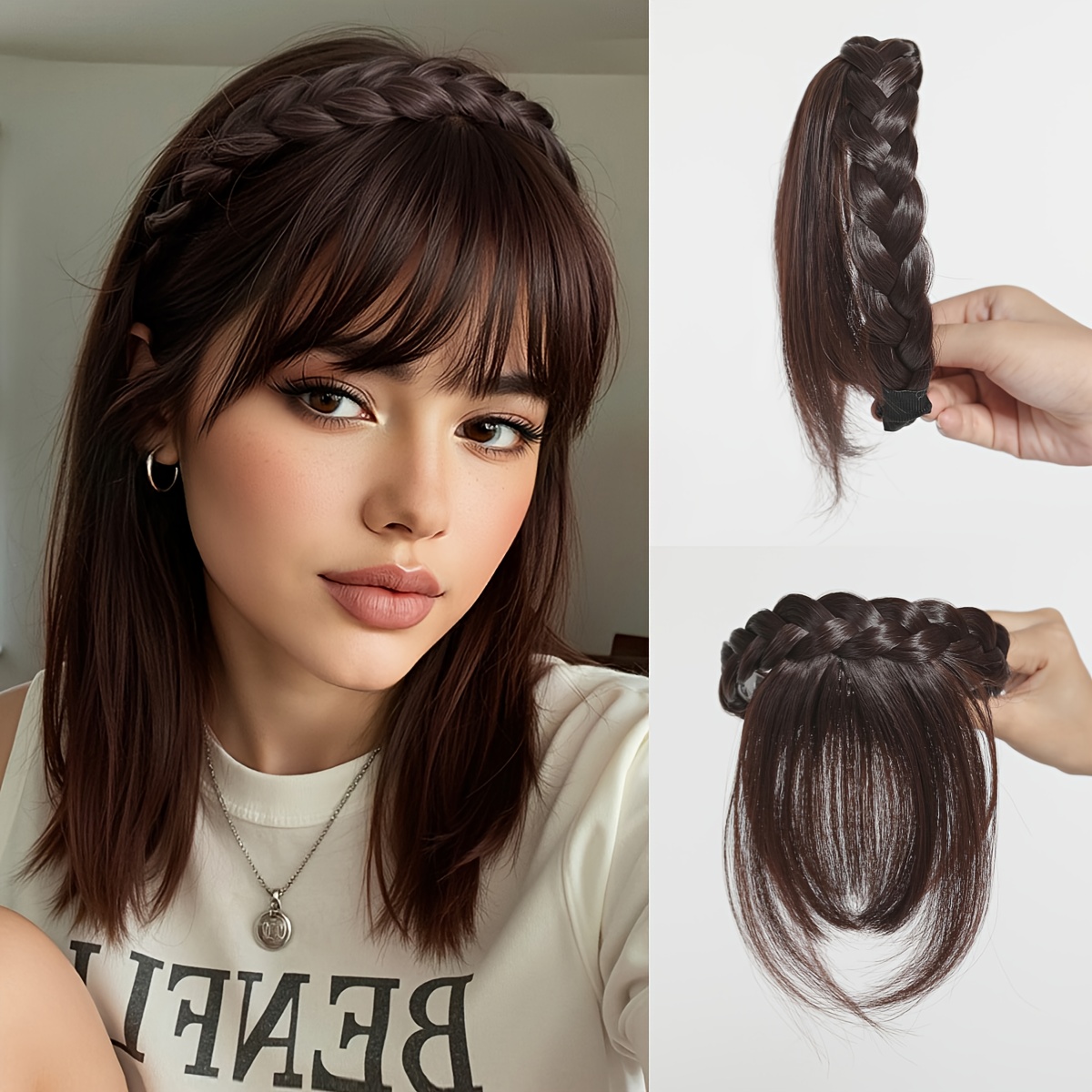 Image of Front Hair Bangs Fringe Hair Extensions Headband, Synthetic Bangs Wigs Headband For Women, Wig Props Decoration-halloween/cosplay/wedding Photo/party (black)