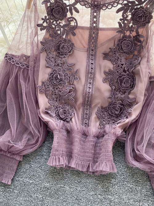 elegant womens polyester blend top with contrast lace detail crew neck solid color knit fabric regular length spring summer fashion