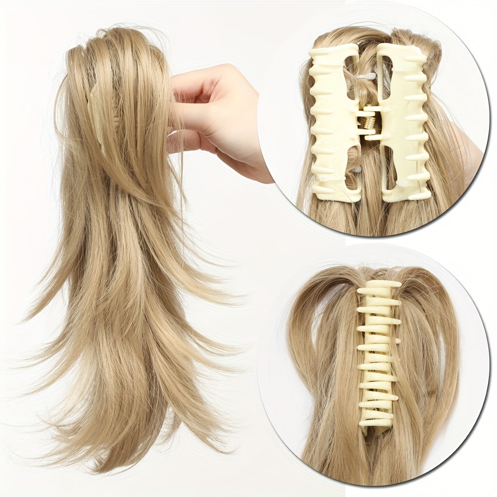 12 inch adjustable messy style ponytail clip on straight wig short extensions hair synthetic hairpiece details 1